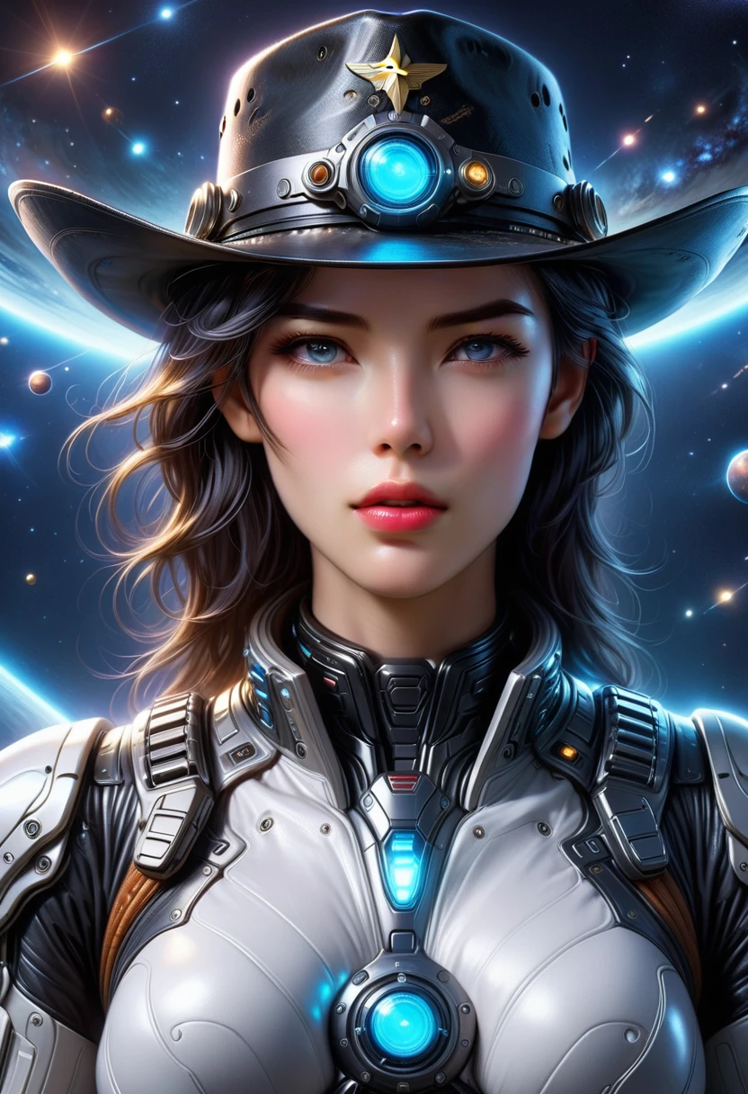 Space cowboy，ultra-detailed,realistic,galaxy,interstellar,1man，detailed eyes,detailed lips,cowboy aviation outfit,cowboy hat,technological clothing,light-emitting outfit.Correct human anatomy，body movements，Motion capture，Cyberpunk，Mechanical warhorse，gear，cyborg，Shoulder，arm，Waist