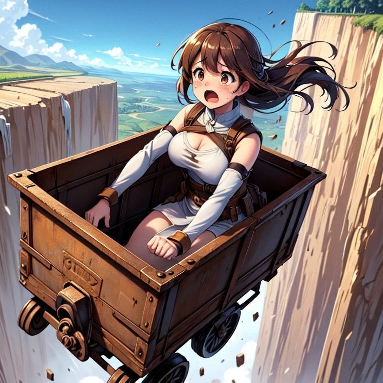 masterpiece,highest quality,Very detailed,One girl,alone,surprised,Cry with your eyes open,tears,tear up,The pupils constrict,shout,Scared,
Ah ah,Long Hair,Brown Hair,Braiding,Brown eyes,Exposing shoulders,armor,breastplate,White sleeves,Removable sleeves,
Flying Blake in a miniature car,falling towards the bottom of a cliff in high position,cliff,Rusted,iron,(((Box-shaped minecart,Boxed))),iron道の線路,Speed Line,Camel Toe、Giant tit、Nipple Puffs、Cleavage、Plump、Super big breasts、Super big butt、light speed