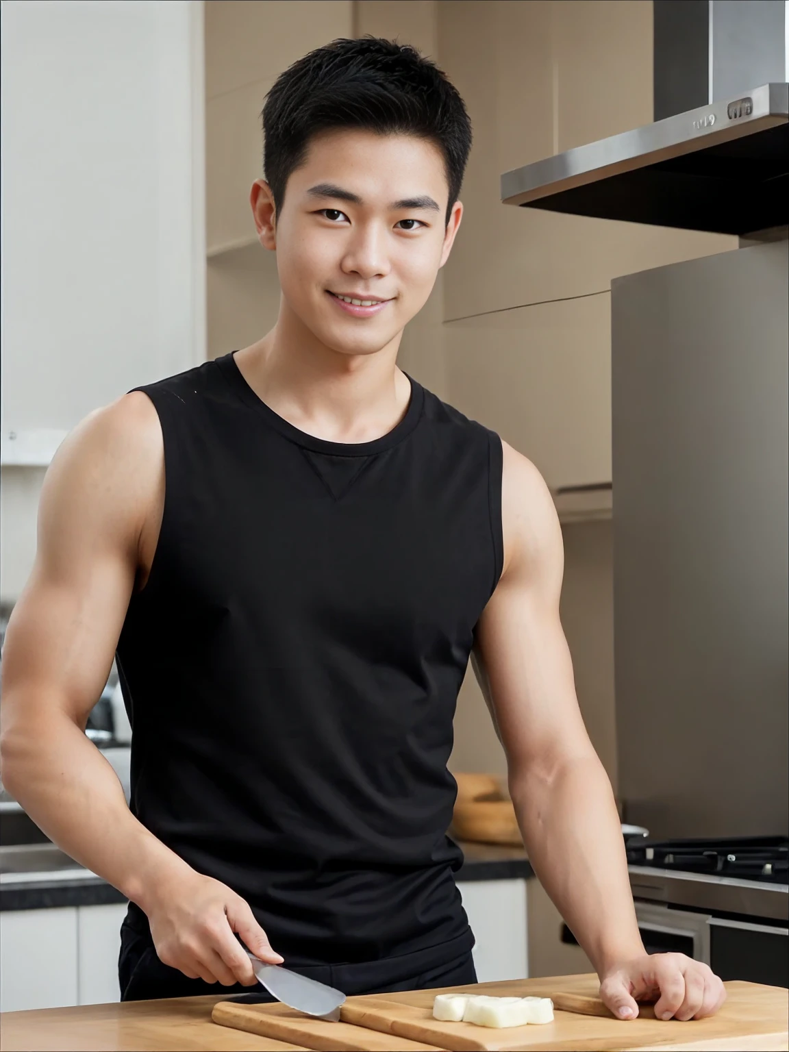 ((Image size 1024 x 1366 ))(( Look in the direction of the photographer with a smile on your face. maintain eye contact))((True-to-life imagery. a 28 year old .Wearing a white crew neck sleeveless shirt.Japanese man in black shorts)), (( neat short hair.clean shaven handsome face)), and((pale skin color andfine skin complexion))), , ((neat short black hair)), ((Half-length photo)), ((Ultra-high resolution))(( ))(( maintain eye contact )) A Japanese man prepares vegetable salad in the kitchen, (( The details of the fingers are very clear)), young japanese man , Official product images,Medium shot of a handsome guy, Height 182 cm.