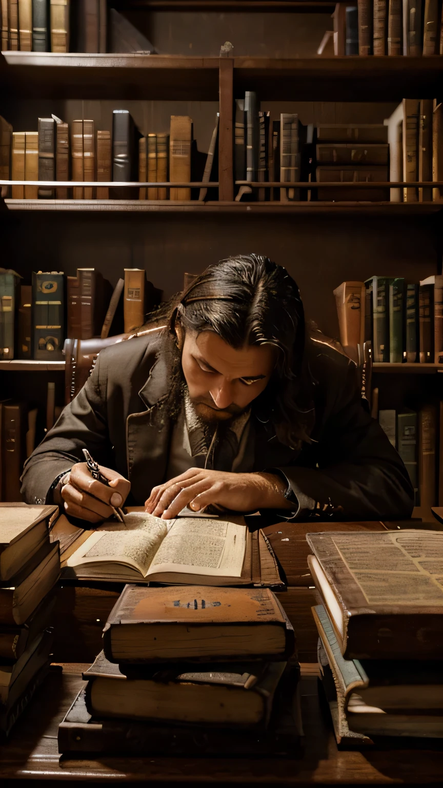 In a dusty library filled with towering shelves of ancient tomes, a lone scholar sits at a desk covered in scattered papers and quills. With furrowed brows and intense focus, they pour over an alchemical text, determined to unlock its secrets and reveal its hidden knowledge.