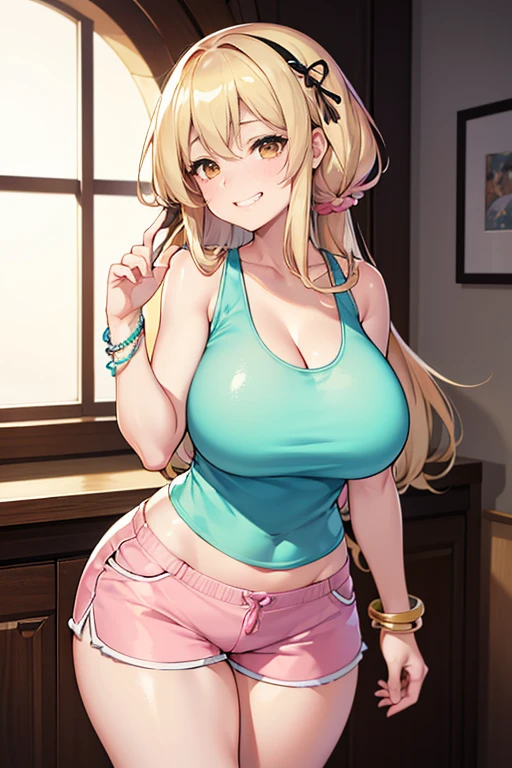 ( Ultra Masterpiece, Best quality, 8k ), Detailed Face + eyes, (Absurdres), (Skindentation), (Best shadow), (Anime), /(Hajierodere face)/, /(Hajierodere looks)/, (Perfect face)+, (seductive beauty)+, (Gyaru), Huge breasts, Very curvy, (blond hair), Long hair, Bracelets, Beautiful hairstyle, sophisticated haircut, (dark brown eyes), Full lips, ( face filled with happiness, flirtatious but shy expression, grin ), (cute face), cute, ((beautiful character design)), At home, ( Intricate Clothes, intricate clothes ), BREAK, Professional photo, (Toned legs, Thick thighs), Big breasts, Ray tracing, (Perfect face)+, Octane render, good looking tank-top, ( (white) loose tank-top: 1.3 ), tank top, good-looking shorts, ( (pink) shorts: 1.2 ), shorts, open clothes, (cleavage), Huge breasts, (Shiny skin), (healthy body), 1 Female, (bold and assertive pose), (Very sexy+, Gorgeous woman++, young beautiful woman+), ( Facing the viewer ), ((Hajierodere))+