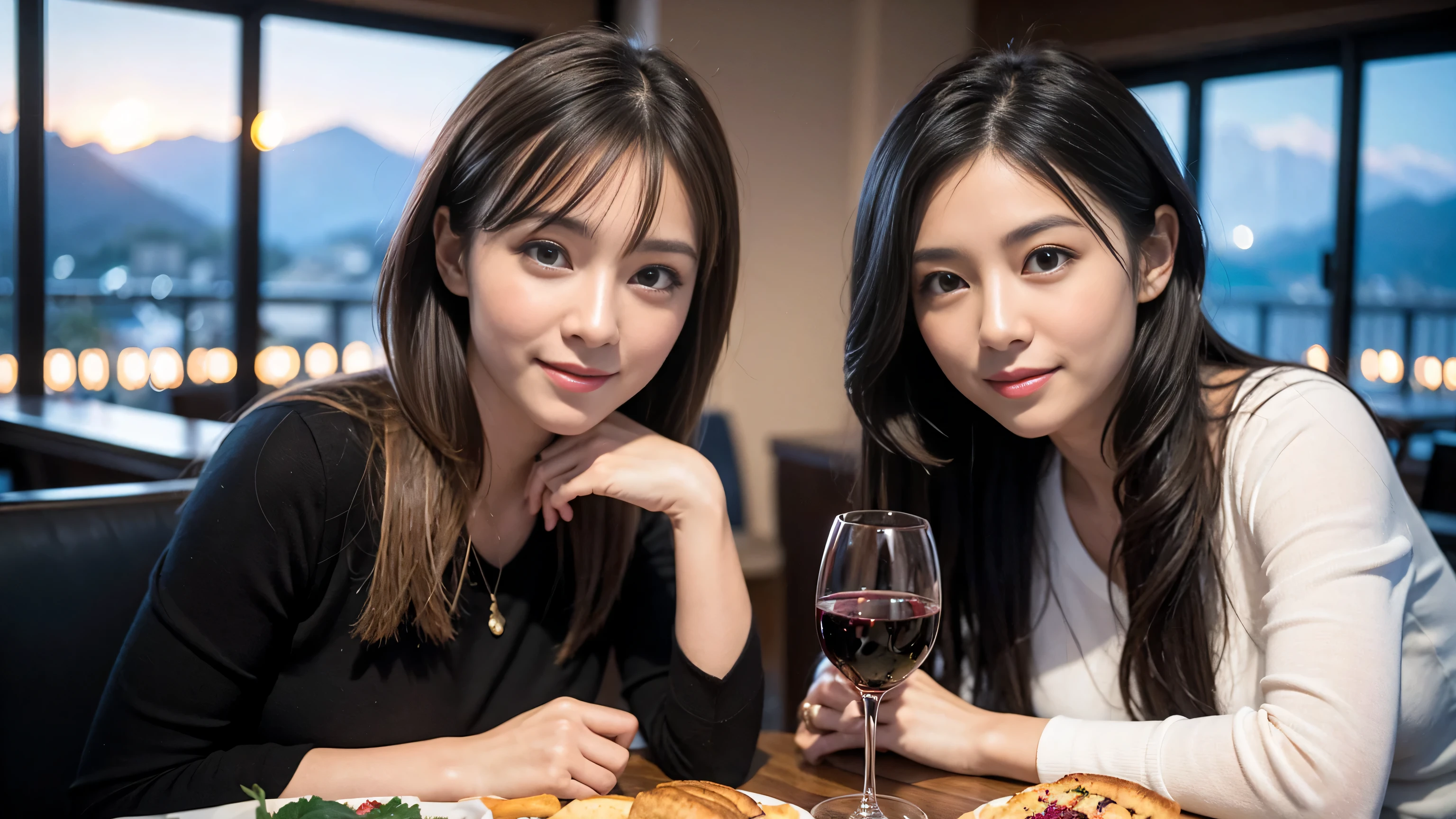 ((highest quality、8k、masterpiece:1.3))、Sharp focus:1.2、Beautiful woman perfect body:1.4、Slim body、((Bob Hale、Straight hair:1.2))、(to be born, highest quality, masterpiece:1.5), (Realistic, Intricate details:1.2), Ultra-high resolution, Put the light on your face、Spectacular view of the sunset sky and clouds、Amazing mountain views、A bright smile、wine glass、red wine 、Appetizer、Italian food、Wine bottle、Champagne、sparkling wine、, Beautiful Face, blue eyes, The light shines on your face, Blushing, short hair,Bright Face、Fox face、 (42 years old), 40 years old, Lady、Two beauties、Brown Hair、Shortcuts、Long sleeve shirt、dress、Pretty Woman 1, (slim face), (The body is slim), (Brown Hair), (Shortcuts), cheeks turn a little red,Attractive beauty、, Out of the window, A beautiful and detailed night view unfolds.........., restaurant, In a prominent place (From the waist up) Nova Frog Style, actress, model, Upper Body, White wine, slim, wine glass, A wine glass placed in the middle, smile, (smile: 1.15), Beautiful fine grain, Depth f/2,saturation, High Contrast, Strong light and shadow,Moist Body:1.5、3D texture、Delicate eyes、Brown Hair、The hair is very shiny、