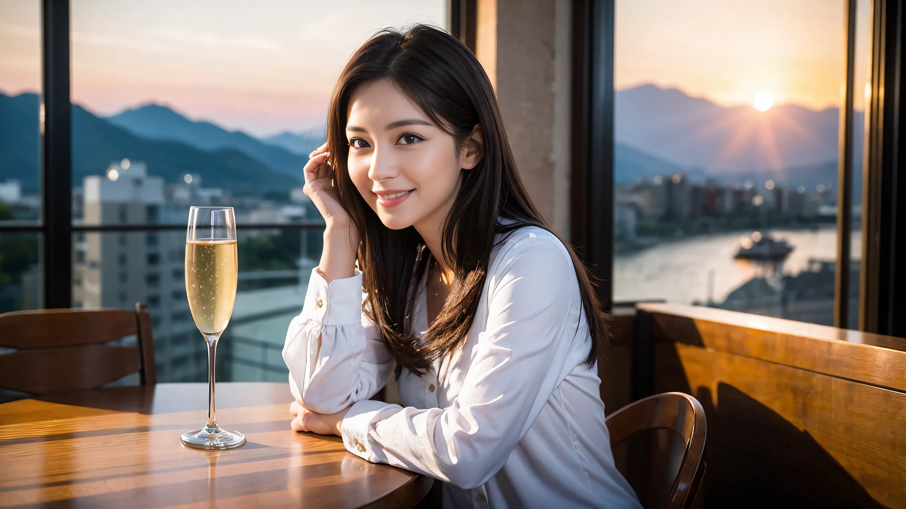 ((highest quality、8k、masterpiece:1.3))、Sharp focus:1.2、Beautiful woman perfect body:1.4、Slim body、((Bob Hale、Straight hair:1.2))、(to be born, highest quality, masterpiece:1.5), (Realistic, Intricate details:1.2), Ultra-high resolution, Put the light on your face、Spectacular view of the sunset sky and clouds、Amazing mountain views、A bright smile、wine glass、red wine 、Appetizer、Italian food、Wine bottle、Champagne、sparkling wine、, Beautiful Face, blue eyes, The light shines on your face, Blushing, short hair,Bright Face、Fox face、 (42 years old), 40 years old, Lady、Two beauties、Brown Hair、Shortcuts、Long sleeve shirt、dress、Pretty Woman 1, (slim face), (The body is slim), (Brown Hair), (Shortcuts), cheeks turn a little red,Attractive beauty、, Out of the window, A beautiful and detailed night view unfolds.........., restaurant, In a prominent place (From the waist up) Nova Frog Style, actress, model, Upper Body, White wine, slim, wine glass, A wine glass placed in the middle, smile, (smile: 1.15), Beautiful fine grain, Depth f/2,saturation, High Contrast, Strong light and shadow,Moist Body:1.5、3D texture、Delicate eyes、Brown Hair、The hair is very shiny、