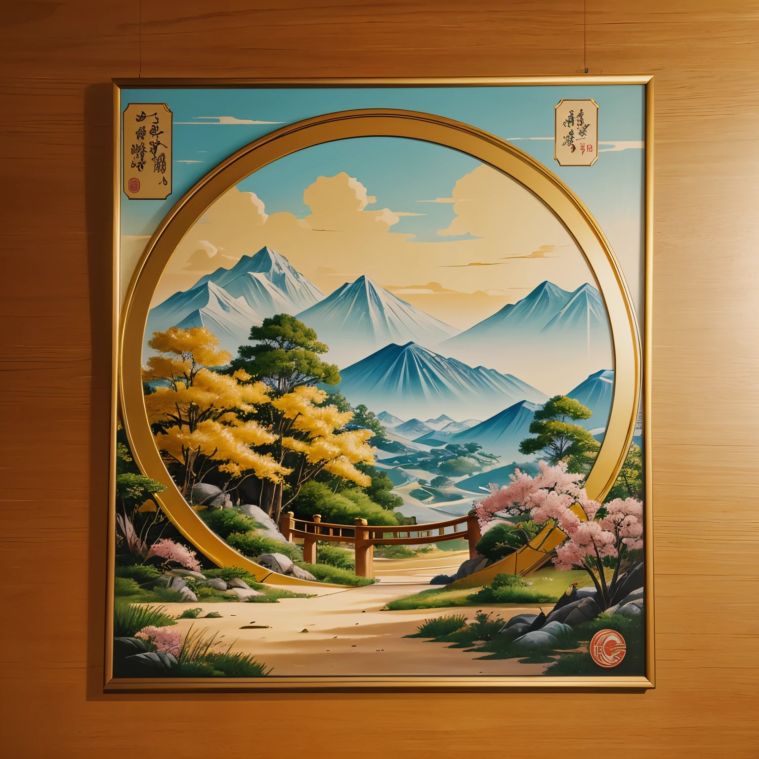 Genshin style, small curved , official artwork, a painting hanging on the wall, gorgeous wall, golden splendor, CG, art