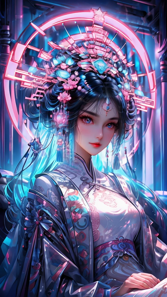 1 girl, chinese_clothes, in white and pink, cyberhanfu, Cheongsam, cyberpunk city, dynamic pose, Headdress, hair ornament, long hair, cyberpunk, a high-tech city, full of machinery and futuristic element, futurism, technology, aqua hair, divine goddess, huge breasts, queen, lace, lace trim, pearl necklace, gold, jewelry, tiara, neon, diamonds, looking at viewer, epic, grand curtains, indoors, sitting on sofa