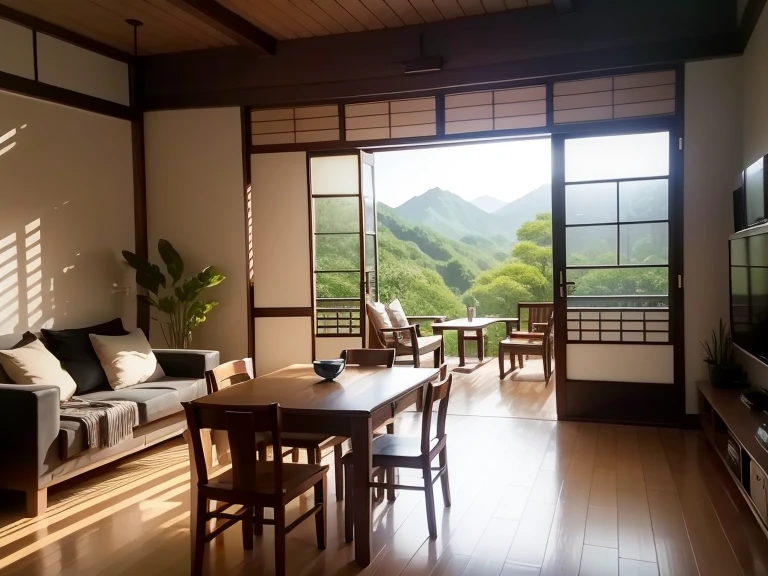 interior design、Insanely detailed wide-angle Architectural photo、Cozy contemporary living room、(bright and warm sunshine 1:0.1)、Award-winning contemporary interior design、landscape、table、Chair、in house、Wooden Flooring、window、restaurant、East Asia Architecture of East Asia、Shoji screen、lamp shade、Architectural、forest、Natural、cup、plant、interior design、Insert lighting and shadows、Depth of written boundary、Low light
