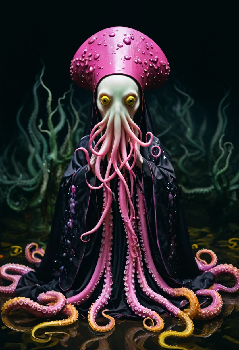 8K, ARTISTIC photogrAphy, best quAlity, mAsterpiece: 1.2), A (potrAit:1.2) witch BLOOD Toon Doll Cthulhu nun QUEEN, EYES, PINK many octopus style tentacles, full body RAW candid cinema, yellow hair, 16mm, color graded portra 400 film, remarkable color, ultra realistic, sad admosphere, dark lighting, oppressive atmosphere, depressive colors, kodak portra 400, photograph,r, Natural Light, Pinhead lighgts, blur reflection, Brush Strokes, Smooth, abstract, Splatter, Oil On Canvas, rainbow colors, fractal isometrics details bioluminescens : a stunning realistic photograph of wet bone structure, 3d render, octane render, intricately detailed, titanium decorative headdress, cinematic, trending on artstation | Isometric | Centered