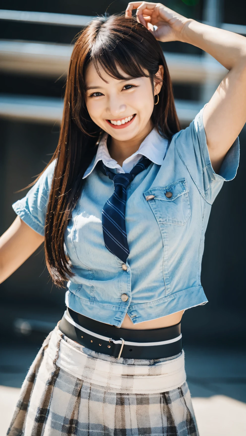 Arafed asian woman in a blue shirt and tie posing for a picture - SeaArt AI