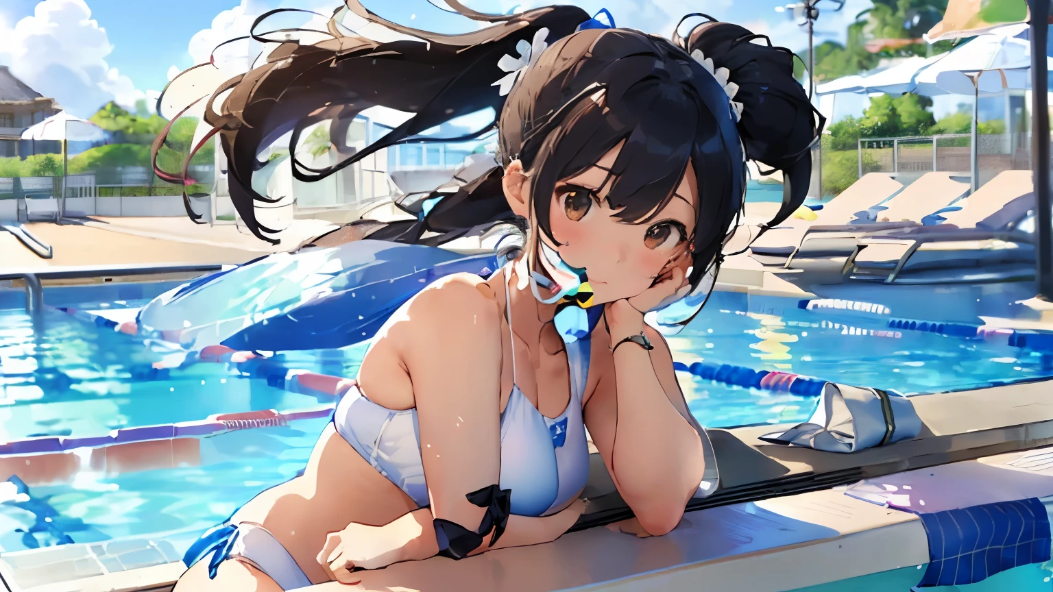 Top quality、masterpiece、(1 female:1.3)、Slim、(Soft chest:1.2)、Naturally big、(Chest-up posture)、(Simple White Bikini Swimsuit,Made of transparent material)、(Thighs Thighs Thighs Thighs:0.8)、(View the landscape:1.1)、View from the side、(Large pontoon:1.3)、Brown hair、(Tie your hair up)、(Highlights)、(look at the audience:1.2)、White skin、embarrassed expression、(summer blue sky:1.3)、1 contrail、beautiful summer flowers、(Beautiful blurred background of beach pool side:1.3)、(Avoid background around face:1.3)、Scattered sunlight