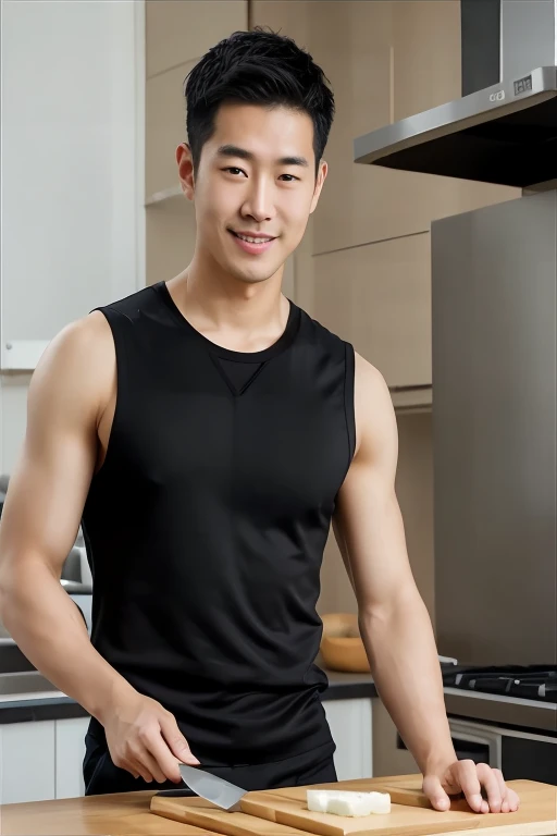 arafed Asian in black shirt cutting up a piece of cheese, Korean male, Asian Men, Handsome chad chin, Wearing a vest, Asian, Handsome male, Tight black vest, Wear a vest, Handsome man, Wearing a vest, a Handsome man，Black short hair, 3 2--old , Handsome, Attractive men