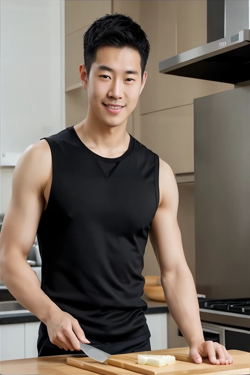 arafed Asian in black shirt cutting up a piece of cheese, Korean male, Asian Men, Handsome chad chin, Wearing a vest, Asian, Handsome male, Tight black vest, Wear a vest, Handsome man, Wearing a vest, a Handsome man，Black short hair, 3 2-year-old boy, Handsome, Attractive men