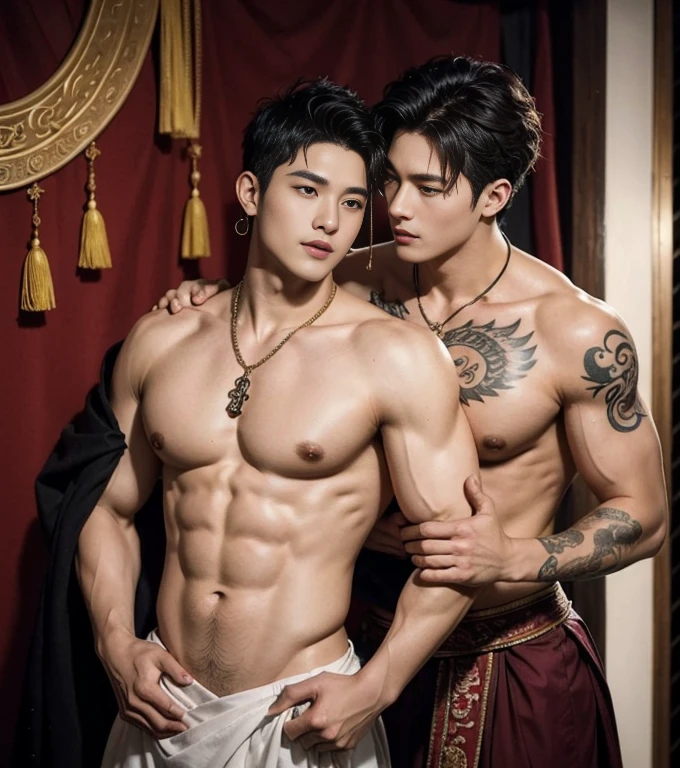Two handsome boys kissing, smiling at each other,hugging, kissing, touching lips, cuddle, romantic,skin ship, Chinese Men God, Mythology, realistic, Chinese odyssy, super Handsome,manly, kpop idol, handsome korean actor, 20 years old,, detailed face, manly jawline, detailed mess curly styling hair, Topless, Muscles, big breast Athlete body, Full Frame,full body shoots, Sexy, realistic, human skin, tattoo breast, Professional studio Lighting, long red tibet wedding Outfit, jade and golden pendent all over , detailed jewery in dress, earings,Chinese ancient wedding Background,out door, super detailed background,look at camera , open mouth, sexy Underneathe Underwear, tibet Warrior, Hanfu red wedding dress, tibet Male, tibet Nobel, Seduce , bare chest , tattoo chest, tattoo arms, tattoo hands, tattoo back, tattoo legs , big juicy butts.