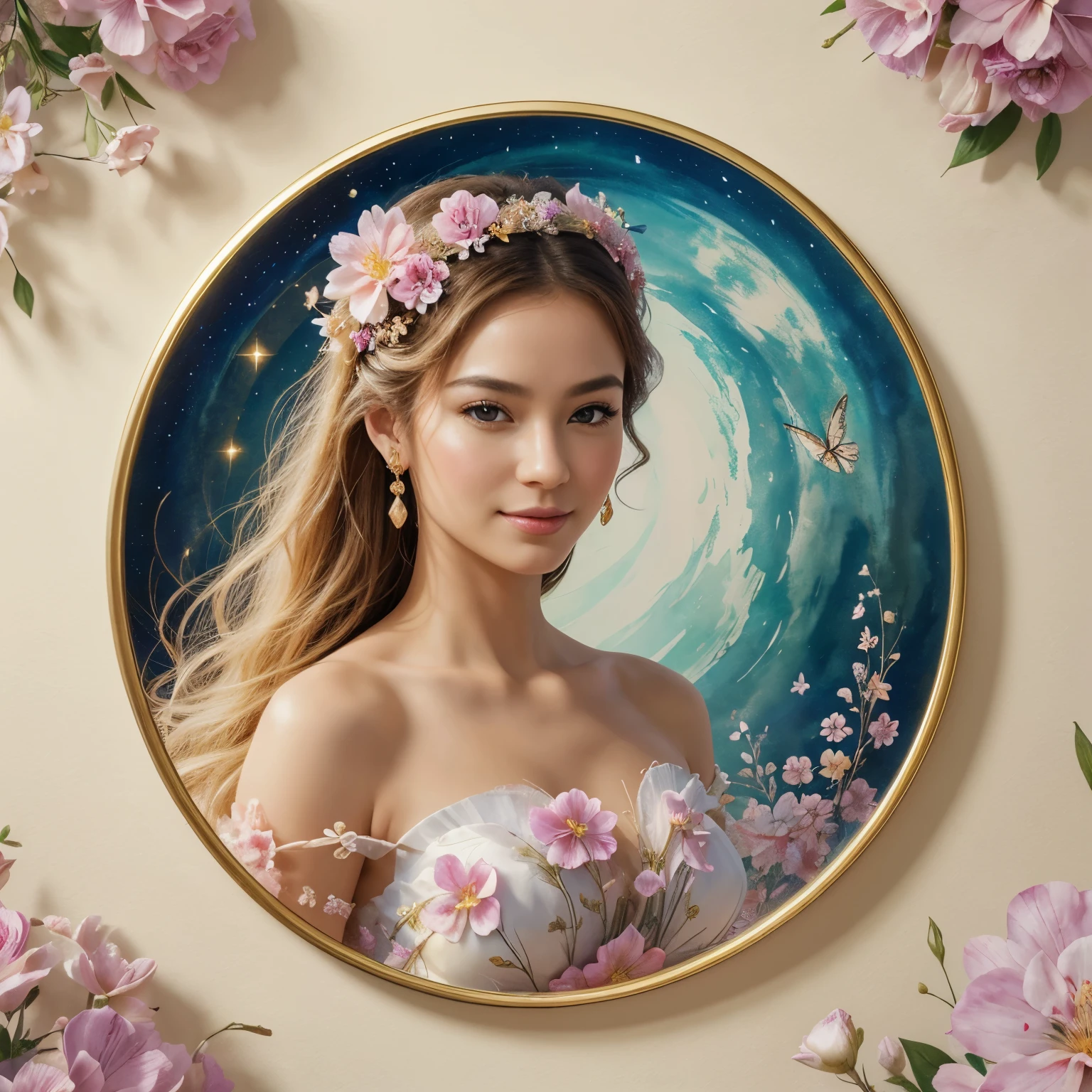 (best quality, 4k, 8k, highres, masterpiece:1.2), ultra-detailed, (realistic, photorealistic, photo-realistic:1.37), Genshin style, small curved , official artwork, painting hanging on the wall, gorgeous wall, golden splendor, CG, art, studio lighting, physically-based rendering, vivid colors, sharp focus, portraits, colorful lighting, lively scenery, exquisite details, fantasy elements, dynamic pose, floating ribbon, delicate flowers, gentle smile, elegant costume, magical creature, sparkling eyes, enchanting background, tranquil atmosphere, vibrant colors, ethereal beauty, unique watercolor style