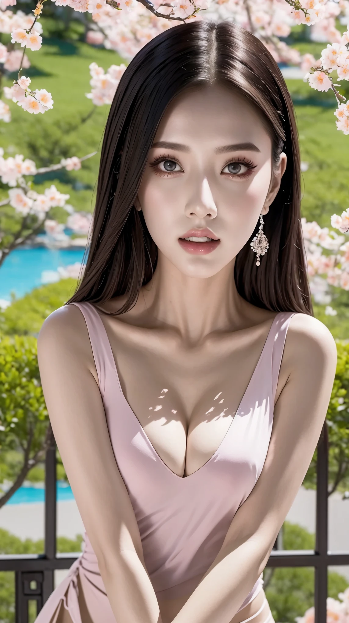 Fashion model 18 years old [[[[Close-up cleavage]]]], [[[[]]]], [[[[Cole]]]], [[[[bShoulder]]]], Perfect eyes, Perfect iris，Perfect lips，perfect teeth，Perfect skin，Fair skin，Soft front light，High Dynamic Range，Chinese Cheongsam，Dynamic poses，Various postures and movements，The background is Chinese interior decoration，Green trees outside the window，Peach Blossom，4k ultra high definition, Ultra-high resolution, (Realistic: 1.4), best quality，masterpiece，Super dilution，（pastel colors：1.2）