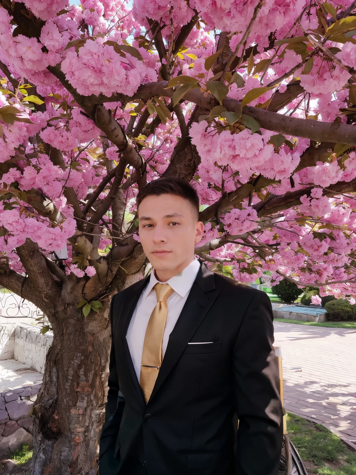 Black tuxedo, Green shirt, gold tie, pumped up
