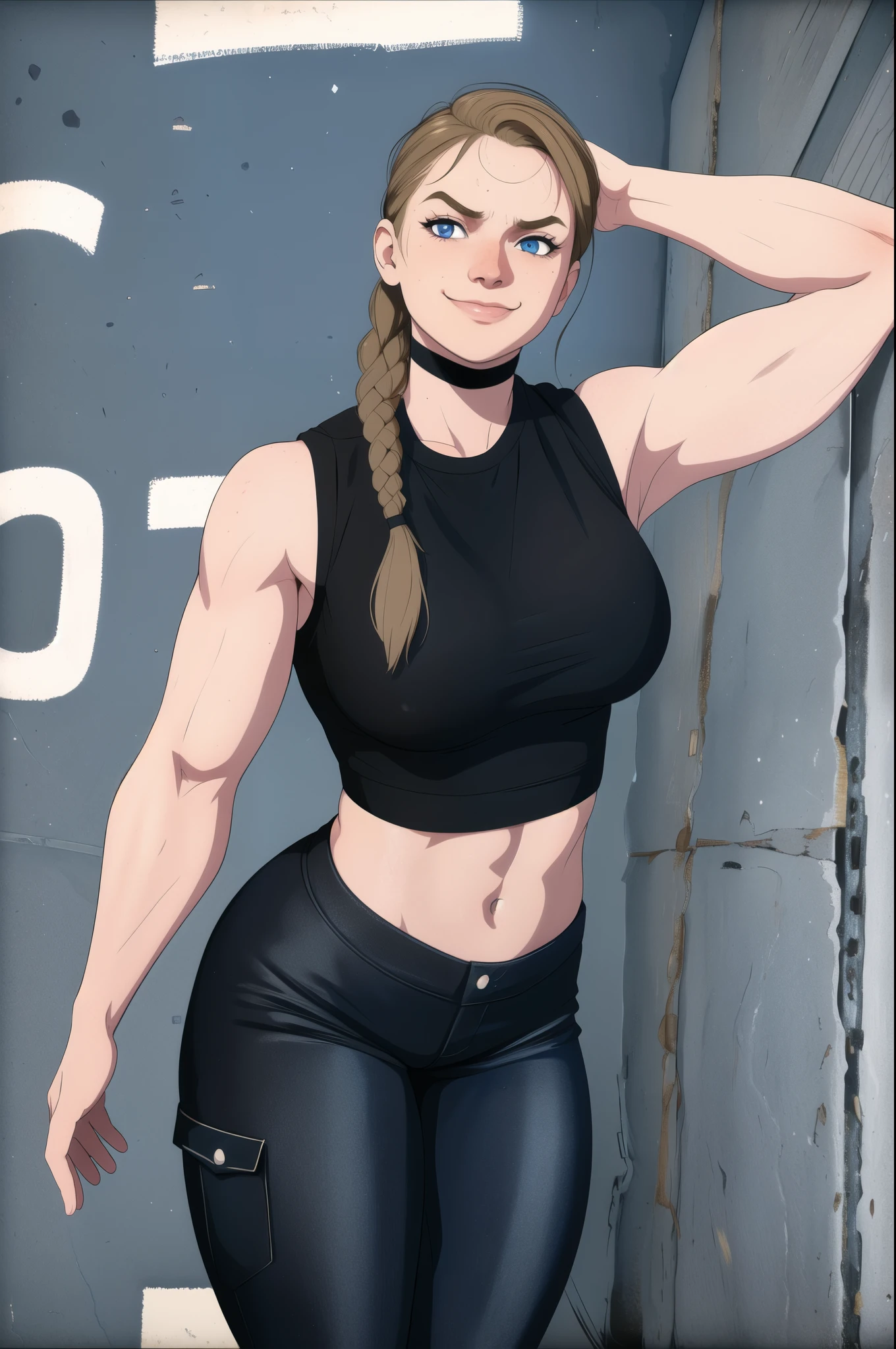 Abigail, braid, blue eyes,   looking at viewer,  full body,  smirk,
standing,  black crop top, sleeveless,  flex, 
bunker, pantsed
(insanely detailed, beautiful detailed face, masterpiece, best quality),
 