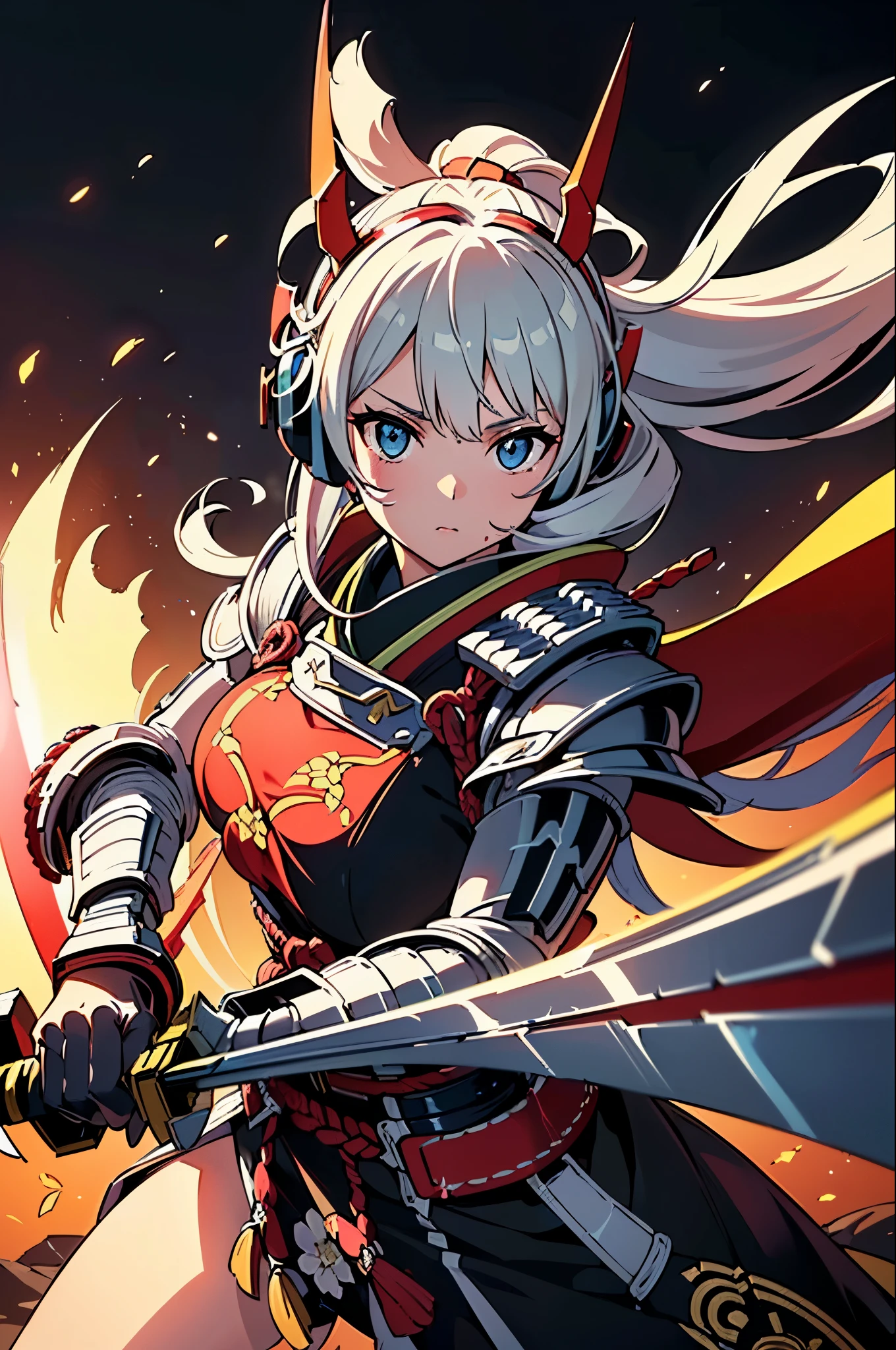 (Dynamic pose:1.2)、Beautiful woman,((extreme close up:1.3))、(((samurai kimono)))、((Cyber Headphones:1.3))、((メカニカルheadgear:1.3))、(((Mechanical Samurai、Machinery Armor))), ((Perfect figure, Beautiful Face, Beautiful Face, Ponytail Hairstyles, Beautiful Skin, Very detailed髪, The finer details)), (((Cinema Lighting, Beautiful lighting effects, Creative Design, Full Body Frame, Divine Aura, hard Harmony , Perfect color change, Perfect contrast balance, Perfect color layers, Perfectly smooth color bleeding, Soft Rendering, smooth color strokes, Optical Lenses, Soft colors, Smooth color blending, Perfect color expression, Harmony, perfect color Harmony, Beautiful colors, soft Harmony, Particles of light, Perfect detail, Intricate details, color prism, The finer details, The finer details))), super high quality, Very detailed,Perfect drawing,alone, beautiful girl, masterpiece, (mecha musume), Machinery Armor, headgear, Mechanical Wing, brandishing a sword、Samurai with a huge gun, Black ponytail, Her hair is tied with a big red ribbon, Equipped with two Japanese swords ((extra large cool samurai_Sword in hand, Huge and cool weapon machine)), Open Stance, Action pose,purgatory , ((highest quality))),8k,((masterpiece)),(Very sophisticated and beautiful)