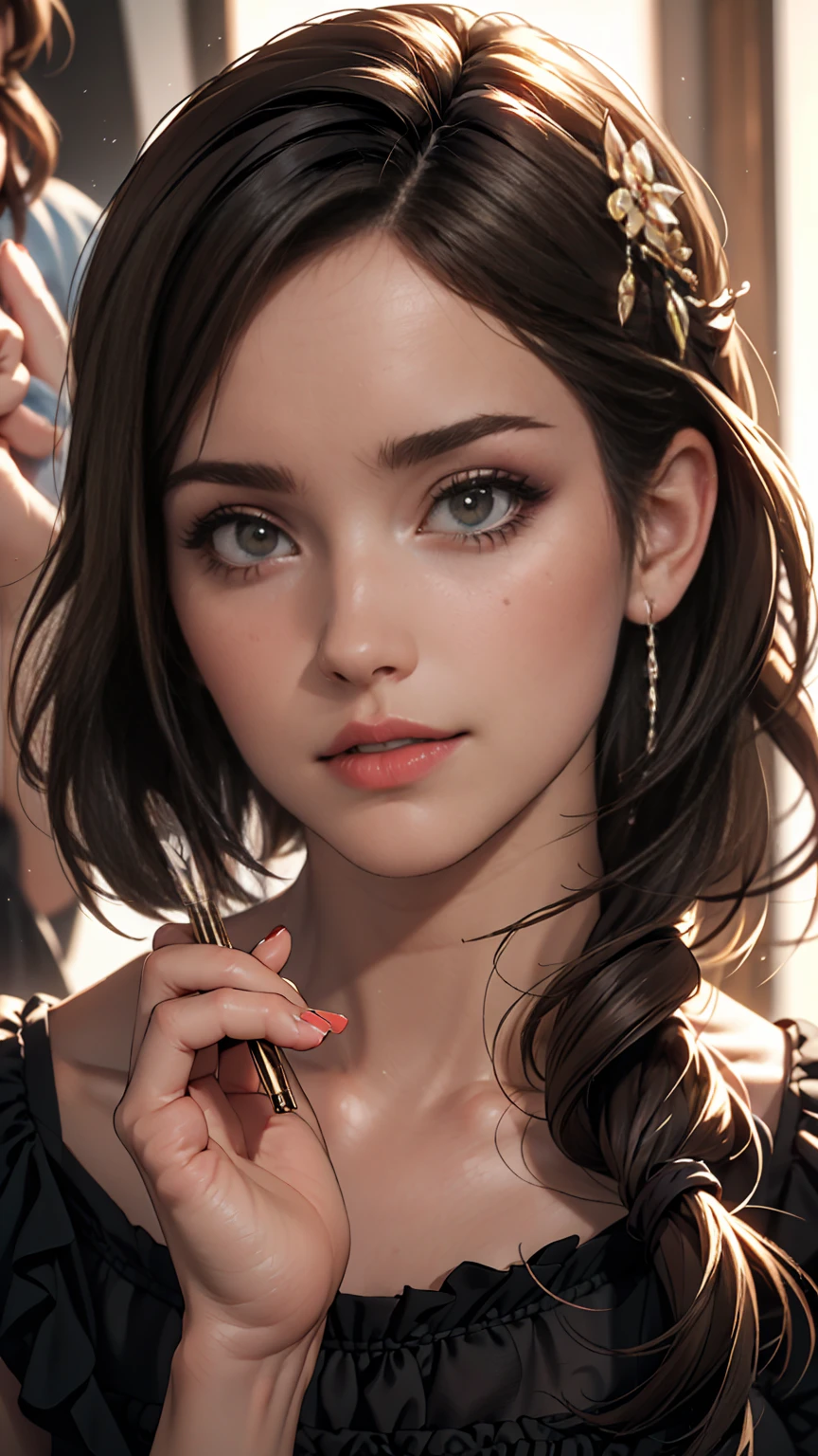 photoRealistic, Lip gloss, Painting, Realistic, highest quality, Ultra-high resolution, depth, pastel colour, Natural Shading, Focus on the face, Face only, View your viewers, Long Hair, hair accessory, Black Hair, Brown, well-detailed eyes, dress