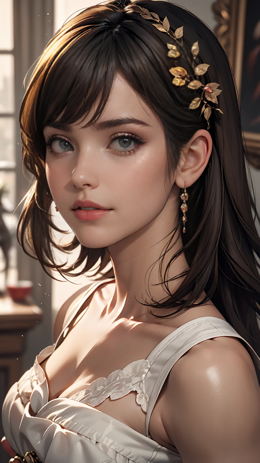 photoRealistic, Lip gloss, Painting, Realistic, highest quality, Ultra-high resolution, depth, pastel colour, Natural Shading, Focus on the face, Face only, View your viewers, Long Hair, hair accessory, Black Hair, Brown, well-detailed eyes, dress