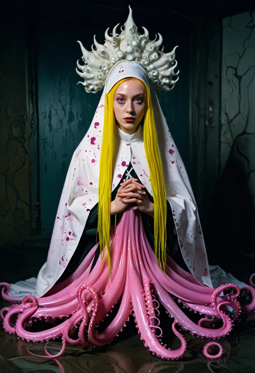 8K, ARTISTIC photogrAphy, best quAlity, mAsterpiece: 1.2), A (potrAit:1.2)  witch BLOOD Toon Doll Cthulhu nun QUEEN, EYES, PINK many octopus style tentacles, full body RAW candid cinema, yellow hair, 16mm, color graded portra 400 film, remarkable color, ultra realistic, sad admosphere, dark lighting, oppressive atmosphere, depressive colors, kodak portra 400, photograph,r, Natural Light, Pinhead lighgts, blur reflection, Brush Strokes, Smooth, abstract, Splatter, Oil On Canvas, rainbow colors, fractal isometrics details bioluminescens : a stunning realistic photograph of wet bone structure, 3d render, octane render, intricately detailed, titanium decorative headdress, cinematic, trending on artstation | Isometric | Centered