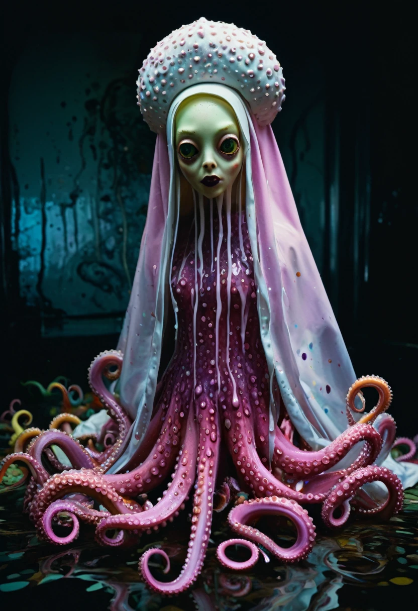 ((Katherine McNamara in a wedding dress)), ((deepthroated by big tentacles)), she views upwards to a giant tentacle, ahegao, focus on big tentacle, looking at tentacle, ((slugs crawling om her face)), horny, red lipstick, pleased, moaning, skinny body, red hair, wet hair, large breasts, large ass, flat belly, narrow waist, (cum all over), covered in cum, wet hair, tentacles, tentacles sucks breast, ((throat bulge)),tentacle squeeze breast, tentacles licks breasts, tentacle penetration, fucking tentacles, tentacles around throat, ((slimy tentacles)), sodium light, impaled with tentacles, horror, hyper detailed, 8K, masterpiece, Eldritch abomination, (mind flayer:1.5) (bride of Cthulhu), church of Cthulhu, torture chamber, ((tentacles on the floor and crawling up her body and mouth)), (white thong), ((gates of Cthulhu open))