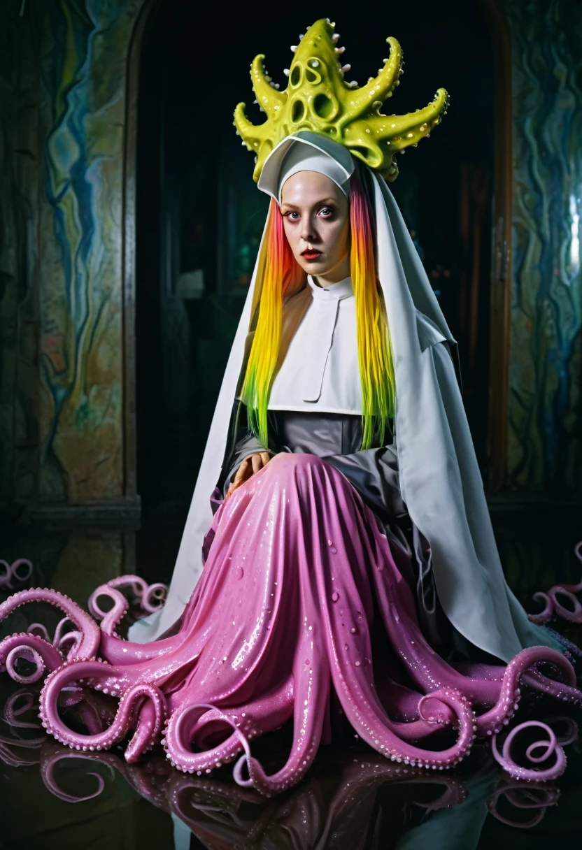 8K, ARTISTIC photogrAphy, best quAlity, mAsterpiece: 1.2), A (potrAit:1.2) witch BLOOD Toon Doll Cthulhu nun QUEEN, EYES, PINK many octopus style tentacles, full body RAW candid cinema, yellow hair, 16mm, color graded portra 400 film, remarkable color, ultra realistic, sad admosphere, dark lighting, oppressive atmosphere, depressive colors, kodak portra 400, photograph,r, Natural Light, Pinhead lighgts, blur reflection, Brush Strokes, Smooth, abstract, Splatter, Oil On Canvas, rainbow colors, fractal isometrics details bioluminescens : a stunning realistic photograph of wet bone structure, 3d render, octane render, intricately detailed, titanium decorative headdress, cinematic, trending on artstation | Isometric | Centered