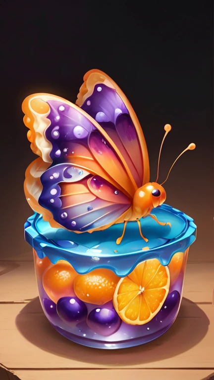Foodpets Very cute and attractive anthropomorphic jelly butterfly, Orange and purple gradient, Looking at the audience, Macro, Movie Lighting, Fantasy Art, Dynamic Synthesis, epic realistic, Award-winning illustrations