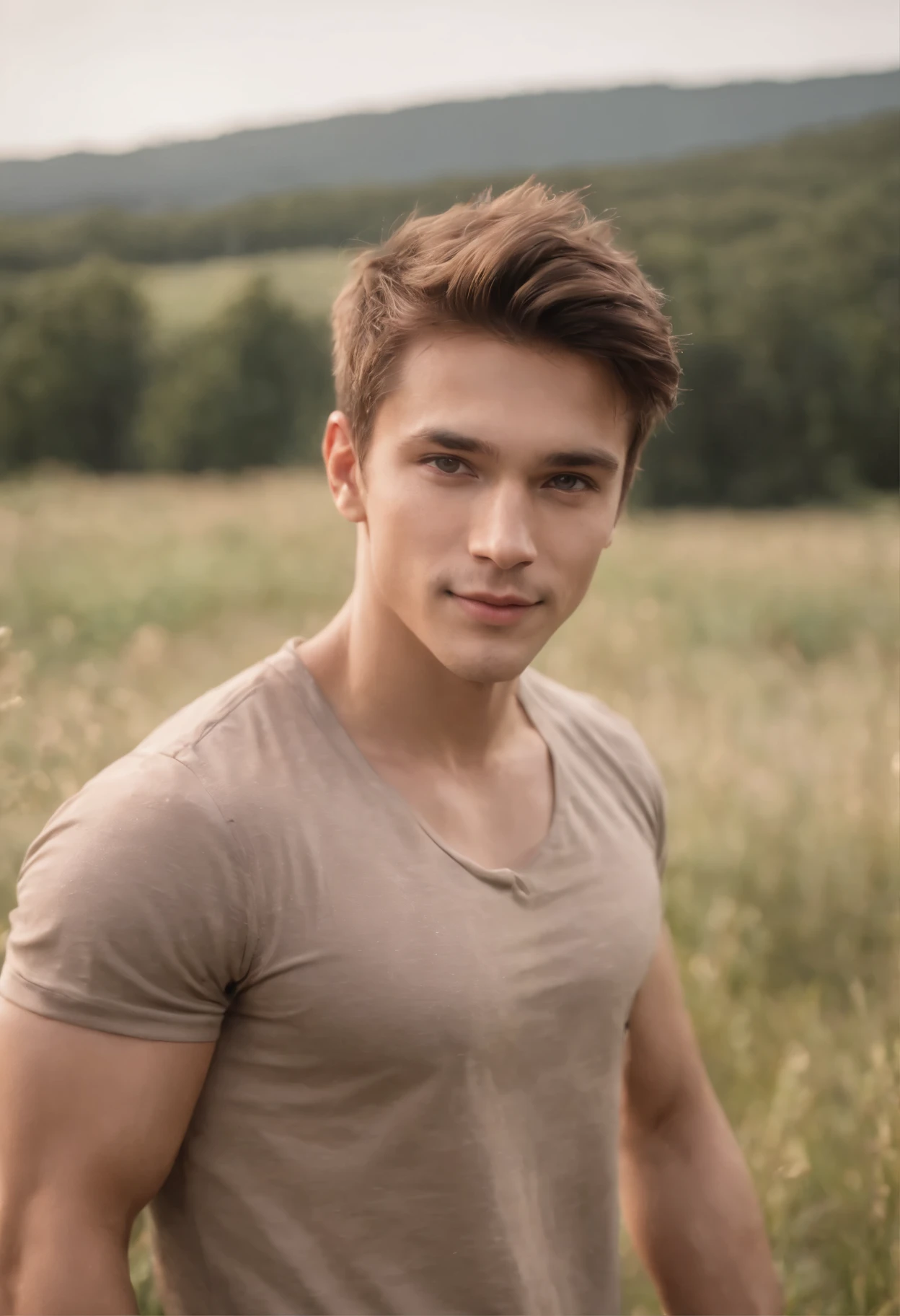 A handsome boy, 25 years old, brown spiky hair, light hazel brown eyes, smiling, masculine pose standing in a meadow, mysterious lighting, muscular physique, looking into the camera, upper body close up