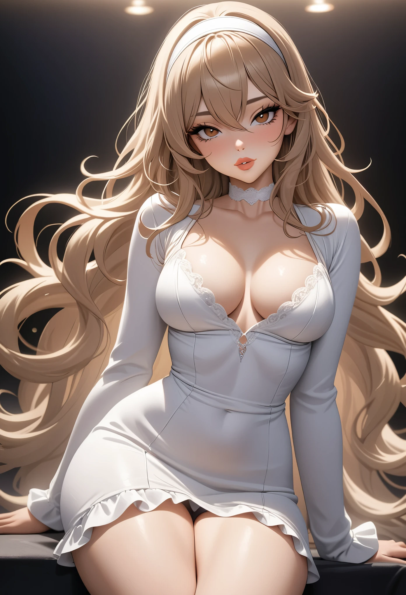 ((masterpiece)), (best quality), (detailed), 1girl, looking at viewer, eyelashes, ((brown eyes)), detailed eyes, (lipstick:0.75), glossylips, round lips, large lips, seductive smile, ((long light brown hair)), ((Long messy hair)), hair in between eyes, (white hair band), white choker, cleavage, medium breasts, white short dress, white frilled thighighs, long compressed sleeves