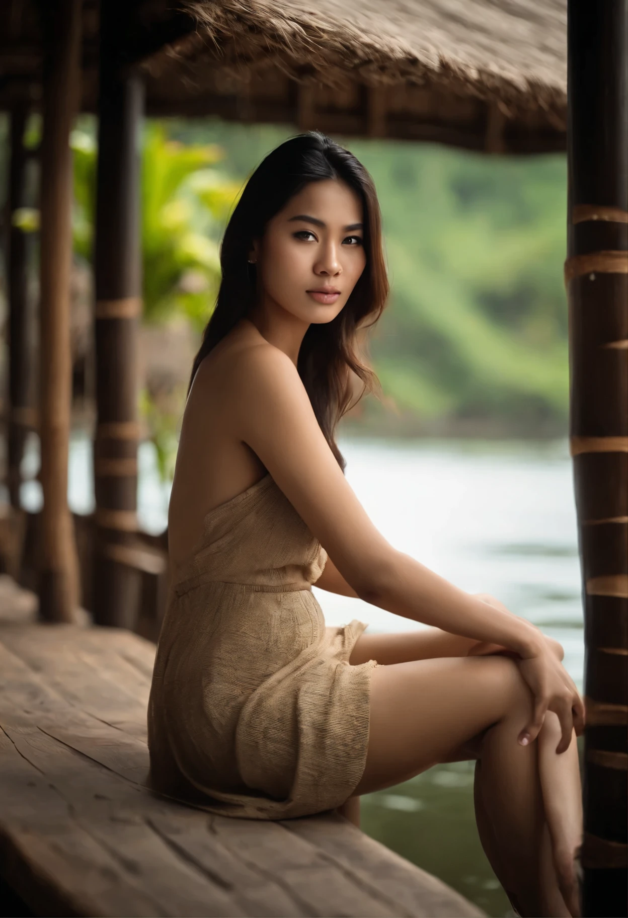 Make a realistic photo.a beautiful woman long hair age 25 years old Thai face naked (naked) with big breasts nipples very clearly protruding.she sits on a unique carved wooden bench on the veranda of a small bamboo hut house by the river.All images are very detailed and sharp,high resolution,size 16:9,20K