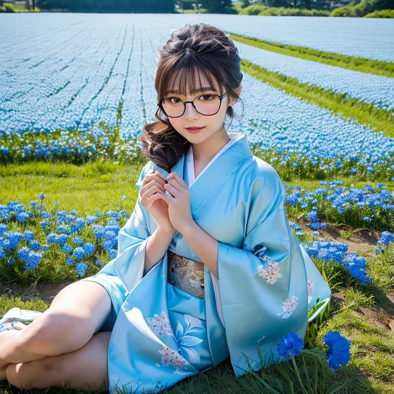 highest quality, masterpiece, Ultra-high resolution, (Realistic:1.4), RAW Photos, A beautiful Japanese woman, 18-year-old, Always wear glasses, Beautiful Eyes, Beautiful Skin, Beautiful black hair, beautiful very big breasts, Wearing a neat and beautiful Japanese kimono, A flower field with cute light blue flowers 1cm tall blooming at a low position, filling the background,  Light blue small petal flower, A flower field of one light blue color, Beautiful flower field, Nemophila Hill

