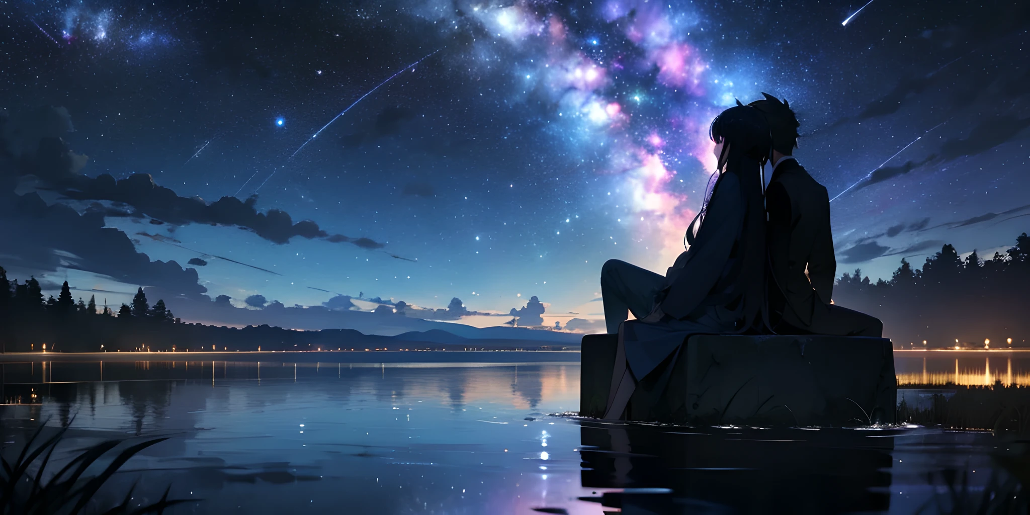 Sky, Star (Sky),  Starry Sky, night, Couple，night Sky, outdoor, cloud, Galaxy series, sitting,Long Profile, Galaxy， Reflection Galaxy，Galaxy，river(Sky)，In the water，CoupleIn the water