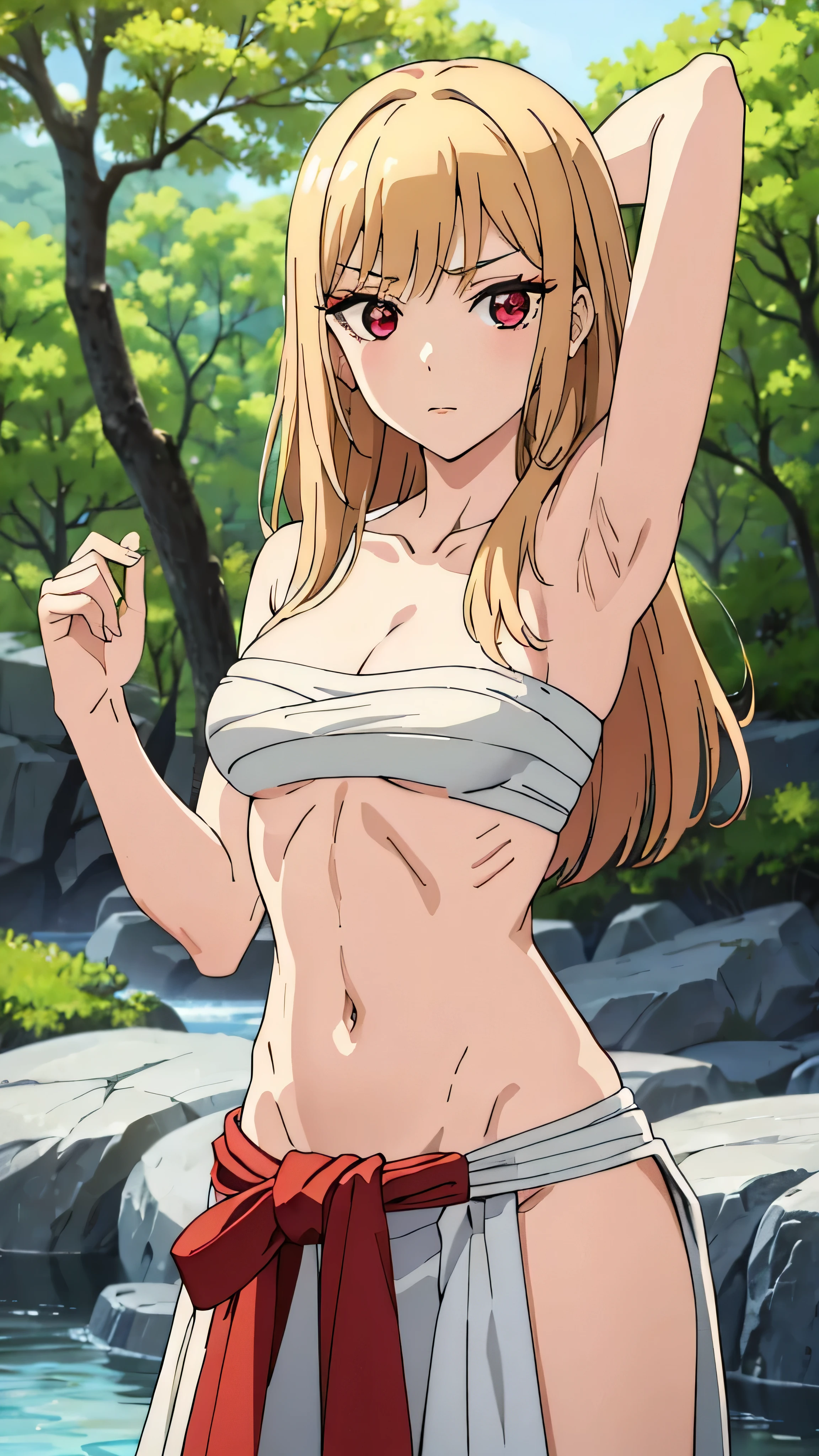 masterpiece, highres, solo, 8k, detailed, perfect face, best quality, (ultra high quality), (looking at viewers), (armpit), collarbone, bare arms, big breast, cleavage, blonde hair, long hair, red eyes, belly, stomach, navel, abs, sarashi chest, bandaged breast, white bandage, (red hakama), slim body, upper body, emotionless, flat face, at forest, hand up