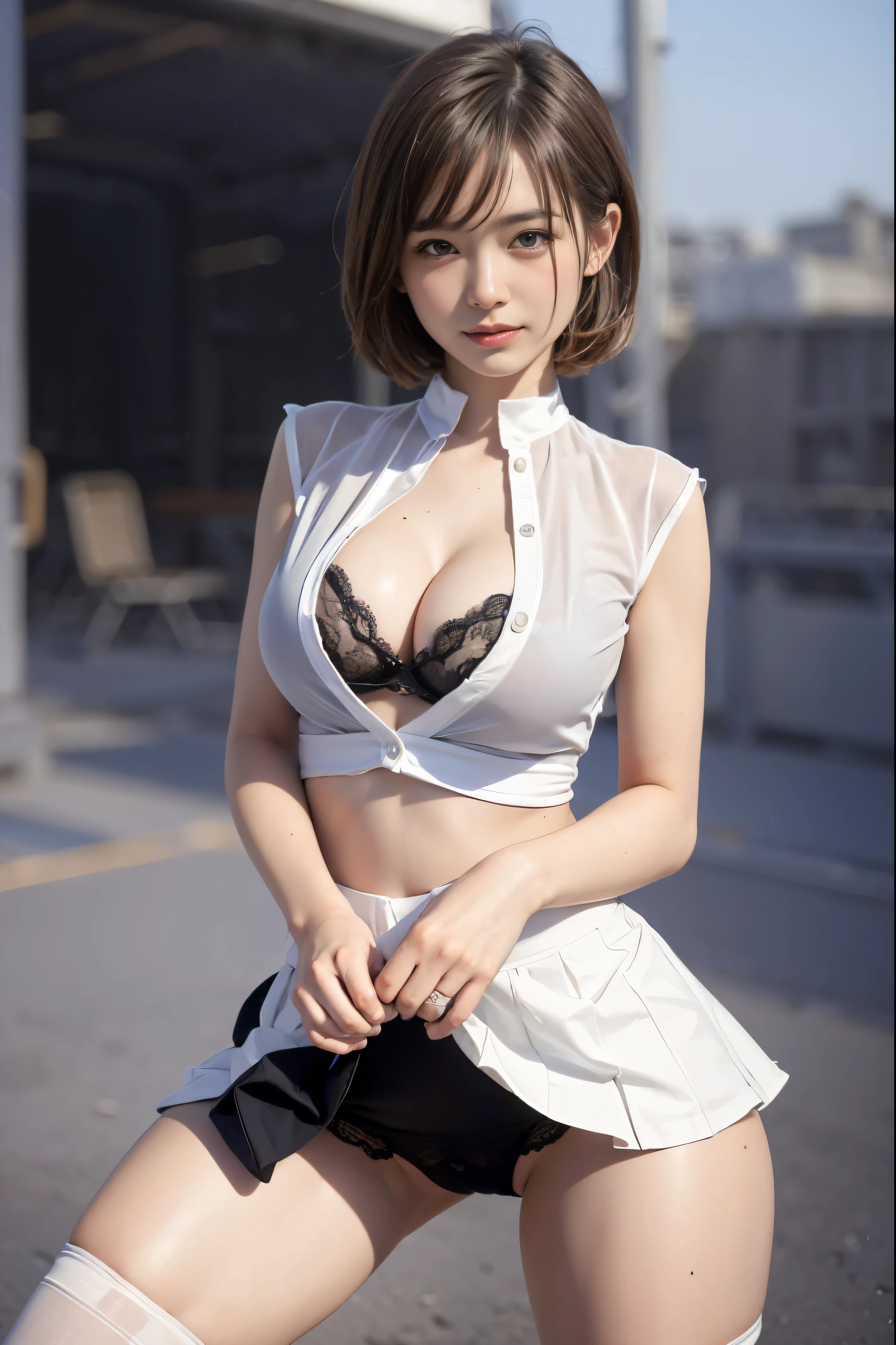 (reality: 1.4),highest quality, masterpiece, high detail, 16K quality, beautiful, 1 beautiful girl,japanese,super beautiful face,baby face,japanese idol face,cute face,super detailed face,detailed hand,beautiful skin,oily skin,big eyes,profeccional lighting,short hair,brown hair,brown beautiful eyes, big smile,standing, (skirt lift),big breasts,see through white shirt,open button,cleavage cutout,(checked skirt),(white panties),(showing panties),cameltoe,black high socks,spread legs, she is looking at the camera,Skyscraper rooftop,blue sky, nsfw,from front,