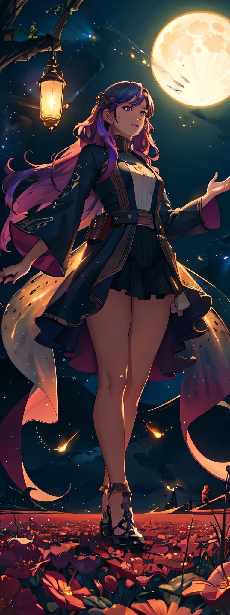 expansive landscape photograph , (a view from below that shows sky above and open field below), a girl standing on flower field looking up, (full moon:1.2), ( shooting stars:0.9), (nebula:1.3), distant mountain, tree BREAK
production art, (warm light source:1.2), (Firefly:1.2), lamp, lot of purple and orange, intricate details, volumetric lighting, realism BREAK
(masterpiece:1.2), (best quality), 4k, ultra-detailed, (dynamic composition:1.4), highly detailed, colorful details,( iridescent colors:1.2), (glowing lighting, atmospheric lighting), dreamy, magical, (solo:1.2)