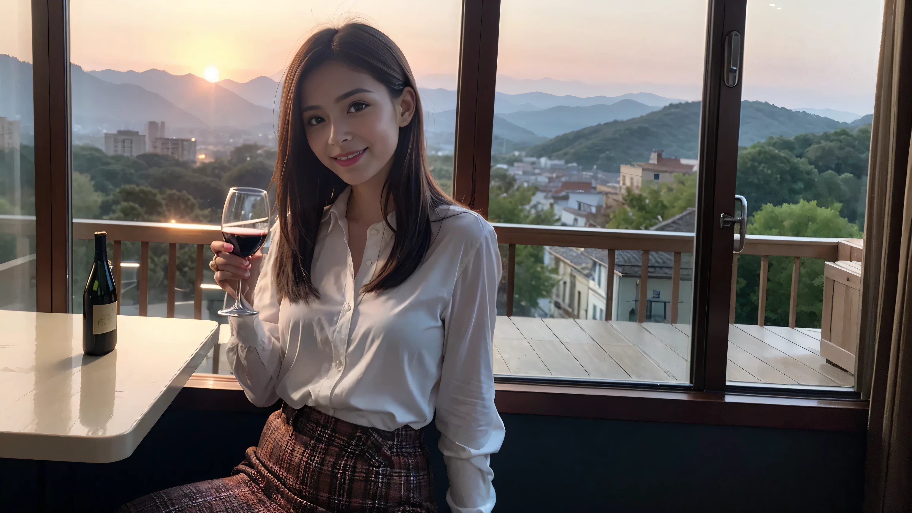 ((highest quality、8k、masterpiece:1.3))、Sharp focus:1.2、Beautiful woman perfect body:1.4、Slim body、((Bob Hale、Straight hair:1.2))、(to be born, highest quality, masterpiece:1.5), (Realistic, Intricate details:1.2), Ultra-high resolution, Put the light on your face、Spectacular view of the sunset sky and clouds、Amazing mountain views、A bright smile、wine glass、red wine 、Appetizer、Italian food、Wine bottle、Champagne、sparkling wine、, Beautiful Face, blue eyes, The light shines on your face, Blushing, short hair,Bright Face、Fox face、 (42 years old), 40 years old, Lady、Two beauties、Brown Hair、Shortcuts、Long sleeve shirt、dress、Pretty Woman 1, (slim face), (The body is slim), (Brown Hair), (Shortcuts), cheeks turn a little red,Attractive beauty、, Out of the window, A beautiful and detailed night view unfolds.........., restaurant, In a prominent place (From the waist up) Nova Frog Style, actress, model, Upper Body, White wine, slim, wine glass, A wine glass placed in the middle, smile, (smile: 1.15), Beautiful fine grain, Depth f/2,saturation, High Contrast, Strong light and shadow,Moist Body:1.5、3D texture、Delicate eyes、Brown Hair、The hair is very shiny、
