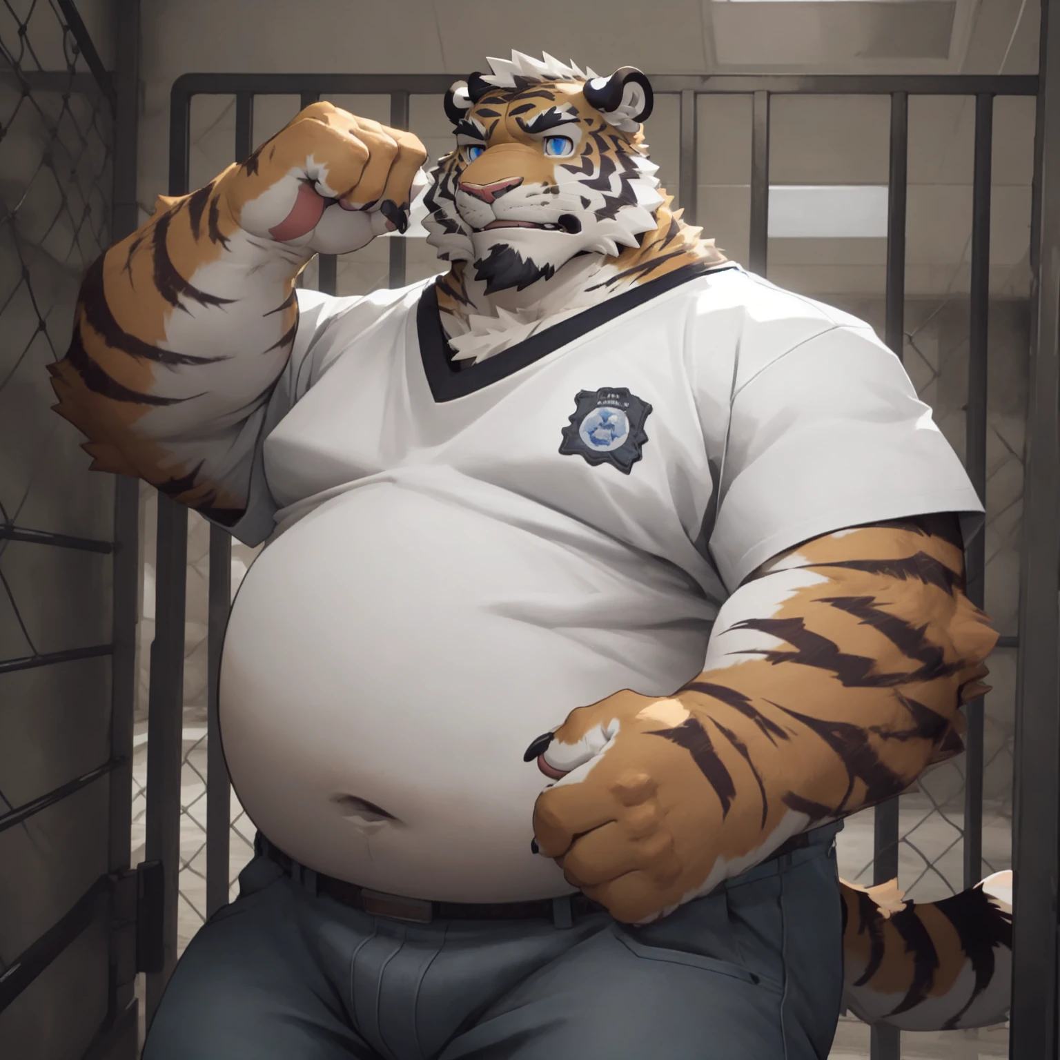 New Jersey 5 Furry,Tiger，portrait，Exquisite， Chubby，Fat，Thick arms，Rugged muscles，plush fur，Chubby脸，Black eyebrows，Sky blue eyes，Beard，American Prisons，prisoner，cell，Iron fence，White T-shirt，jeans，An arrogant look