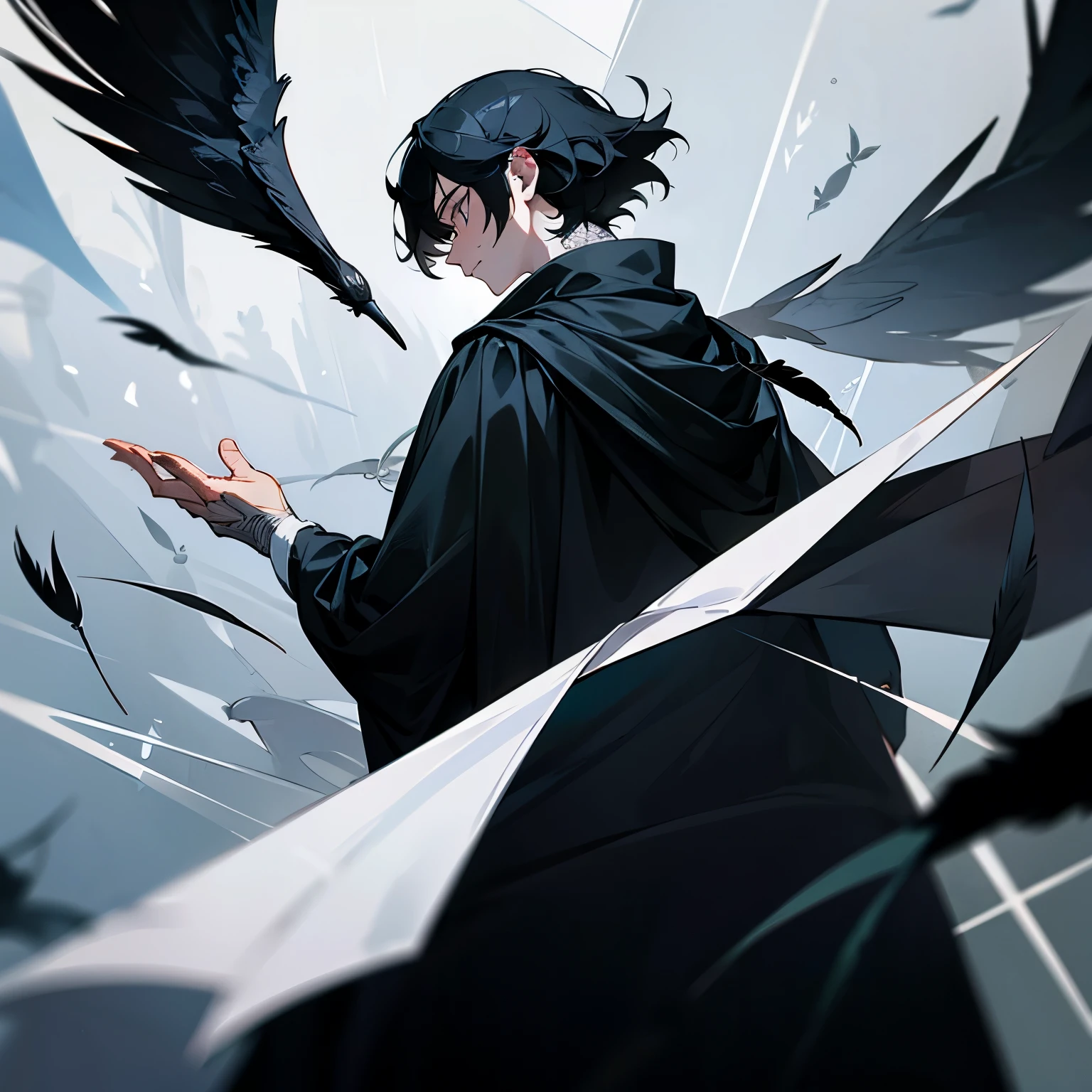 a young man, white eyes, (Composition of one person only:1.5), expressionless, black hair, wear a black cloak, looking back, upper body, Black feathers are flying