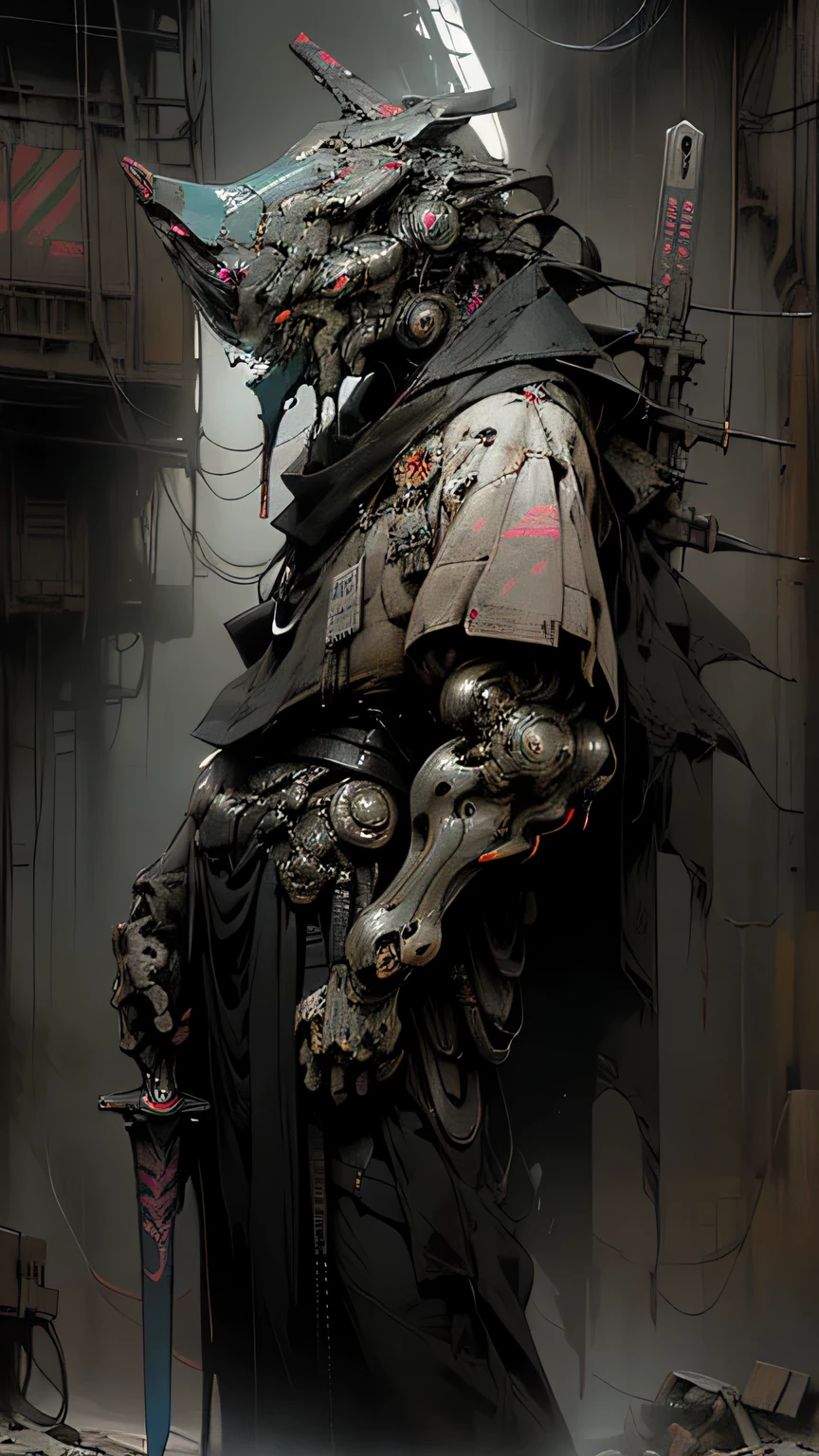 Robert Darranger works for SF Mega Corporation, elite corporate enforcer patrolling the streets, wearing detailed multi color robes cape, corporate offices,cyberpunk scene, busy street, Neon light, Red plastic clothes(masterpiece、top-quality、top-quality、Official art、Beautifully Aesthetic:1.2)、、ighly detailed、(Fractal Art:1.3)、、Best Detail Future City, Cyberpunk, Violence, decadence, Future Society, Ocean Sea Artbot (((Best Quality))), ((masutepiece)) Full body, Femme Fatale Cyborg Assassin, (((With countless swords))) With black glossy futuristic mask, Dark grey metal body armor, Wear ((Traditional black kimono, Neofuturistic visual aesthetics, ((Perfect robotic eyes)) ((perfect symmetry)), Perfect face, Perfect body, Detailed white ink body art, dark palette, Black Neon Tips, Neo-Noir Japanese, Colorful tag graffiti on metal body frame and helmet, Dark Neo Noir Cyber, The composition is dark & A future with a retro 80s retro twist & Visual aesthetics of synthwave, Sci-fi horror, Dark sci-fi horror overtones, Dark apocalyptic building dark ominous clouds, Dystopian atmosphere, Dash's (Dark pulp surrealism), Undeservedly beautiful, cgsociety, Low fidelity dark grunge core, neon noire, Apocalypse Art, Dystopian Art, Sabatier Filter, Cinematic lighting, dieselpunk, Black ink splatters and oil grunge, enigmatic, Forbidden art, Perfect composition, Fits within the frame, Strangely ominous, Nightmare fuel, Intricate details,Neon Horror St........3D Unreal Engine Rendering, A dark story is unfolding, Close up portrait of a person with sword and armor, very beautiful cyberpunk samurai, ArtGerm Craig Mullins, craig mullins style, Craig Mullins Necro, epic sci-fi character art, epic sci - fi character art, from arknights, epic sci-fi character art, wlop and krenz cushart, krenz cushart and wenjun lin