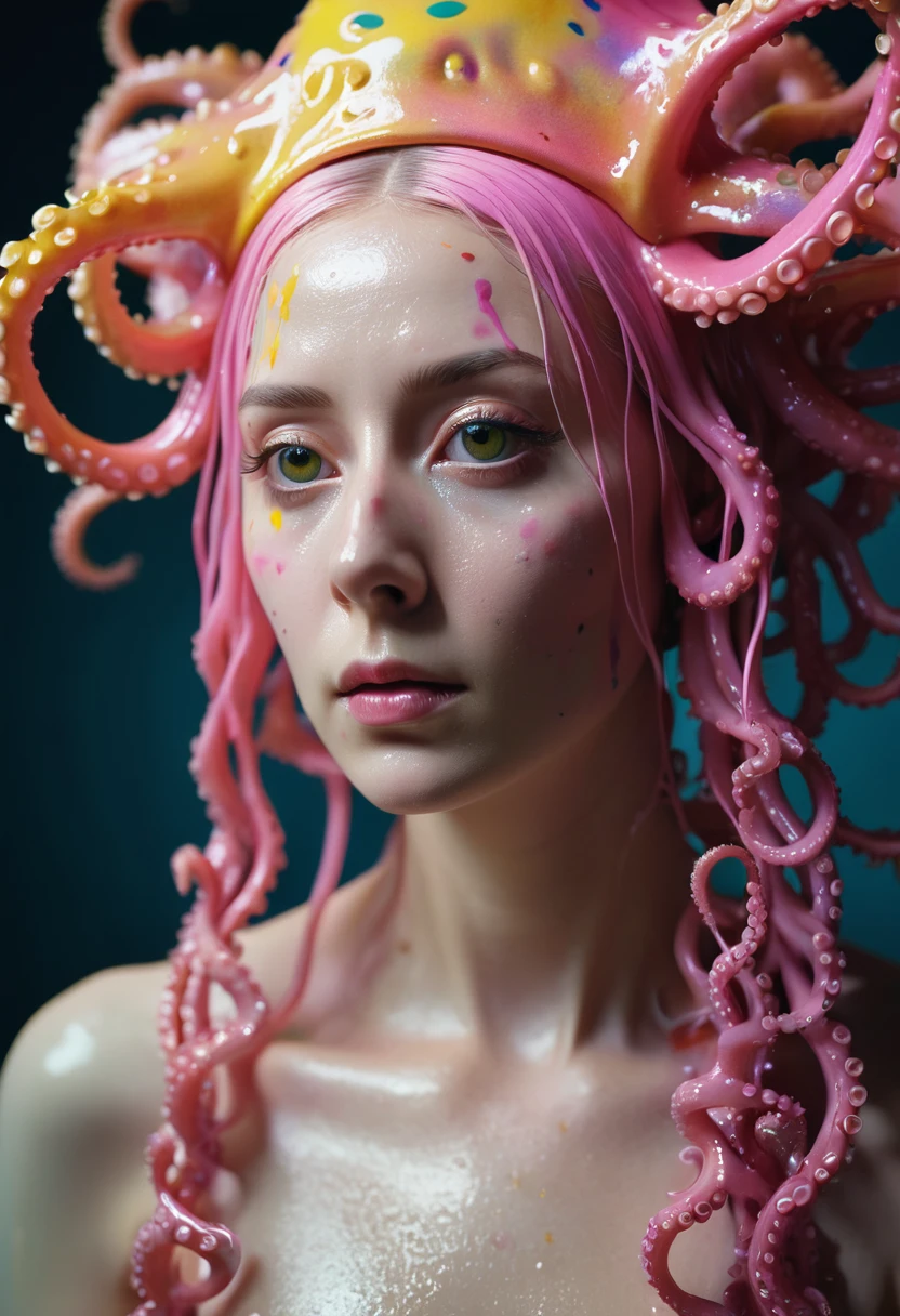 8K, ARTISTIC photogrAphy, best quAlity, mAsterpiece: 1.2), A (potrAit:1.2)  witch BLOOD Toon Doll Cthulhu nun QUEEN, PINK many octopus style tentacles, full body RAW candid cinema, yellow hair, 16mm, color graded portra 400 film, remarkable color, ultra realistic, sad admosphere, dark lighting, oppressive atmosphere, depressive colors, kodak portra 400, photograph,r, Natural Light, Pinhead lighgts, blur reflection, Brush Strokes, Smooth, abstract, Splatter, Oil On Canvas, rainbow colors, fractal isometrics details bioluminescens : a stunning realistic photograph of wet bone structure, 3d render, octane render, intricately detailed, titanium decorative headdress, cinematic, trending on artstation | Isometric | Centered