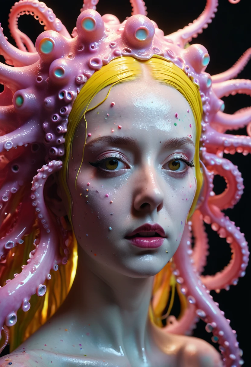 8K, ARTISTIC photogrAphy, best quAlity, mAsterpiece: 1.2), A (potrAit:1.2)  witch BLOOD Toon Doll Cthulhu nun QUEEN, PINK many octopus style tentacles, full body RAW candid cinema, yellow hair, 16mm, color graded portra 400 film, remarkable color, ultra realistic, sad admosphere, dark lighting, oppressive atmosphere, depressive colors, kodak portra 400, photograph,r, Natural Light, Pinhead lighgts, blur reflection, Brush Strokes, Smooth, abstract, Splatter, Oil On Canvas, rainbow colors, fractal isometrics details bioluminescens : a stunning realistic photograph of wet bone structure, 3d render, octane render, intricately detailed, titanium decorative headdress, cinematic, trending on artstation | Isometric | Centered