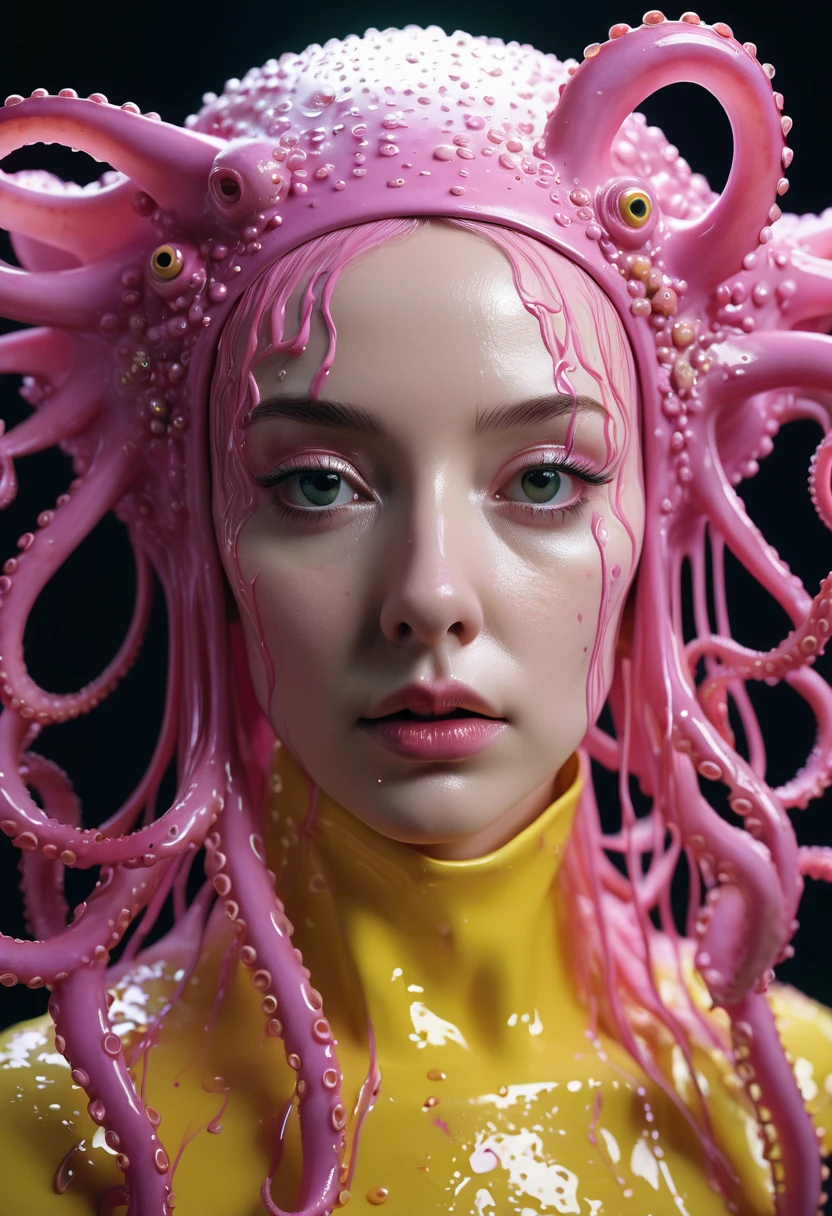 8K, ARTISTIC photogrAphy, best quAlity, mAsterpiece: 1.2), A (potrAit:1.2) witch BLOOD Toon Doll Cthulhu nun QUEEN, PINK many octopus style tentacles, full body RAW candid cinema, yellow hair, 16mm, color graded portra 400 film, remarkable color, ultra realistic, sad admosphere, dark lighting, oppressive atmosphere, depressive colors, kodak portra 400, photograph,r, Natural Light, Pinhead lighgts, blur reflection, Brush Strokes, Smooth, abstract, Splatter, Oil On Canvas, rainbow colors, fractal isometrics details bioluminescens : a stunning realistic photograph of wet bone structure, 3d render, octane render, intricately detailed, titanium decorative headdress, cinematic, trending on artstation | Isometric | Centered