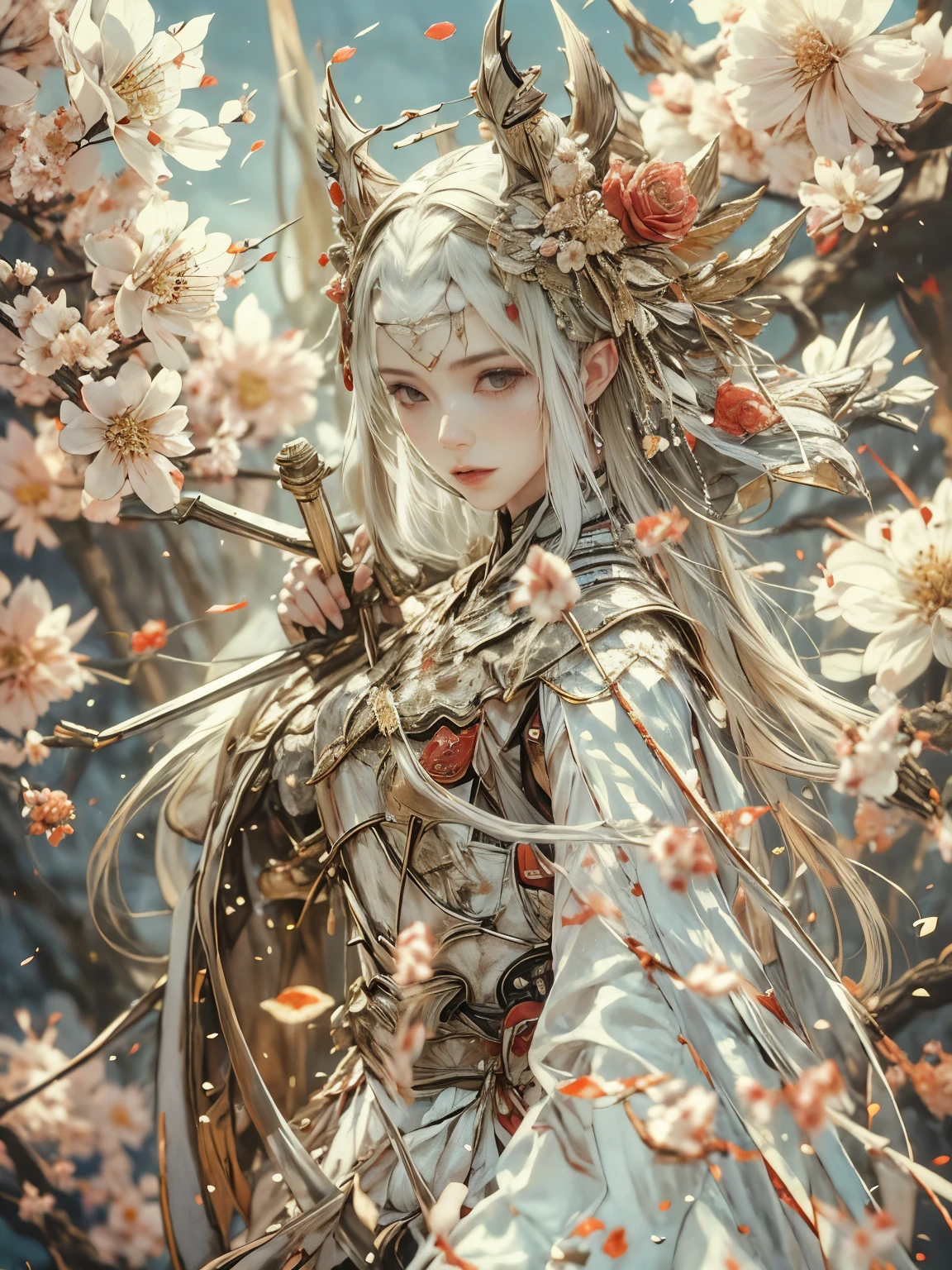 (8K, highest quality, masterpiece)，(Realistic, RAW Photos, Super Fine Clear), Realistic Light, Detailed skin, (1 beautiful 25 years old emperor:1.5), Thin legs, fine grain, white long hair, Detailed fingers, thin, Sexual, ??????? facial expression, Super big , huge boucing firm bust, The chest part of the armor is wide open, Chest exposed, (deep scarlet armor), (peach, peach園, Flower storm), lakeside palace