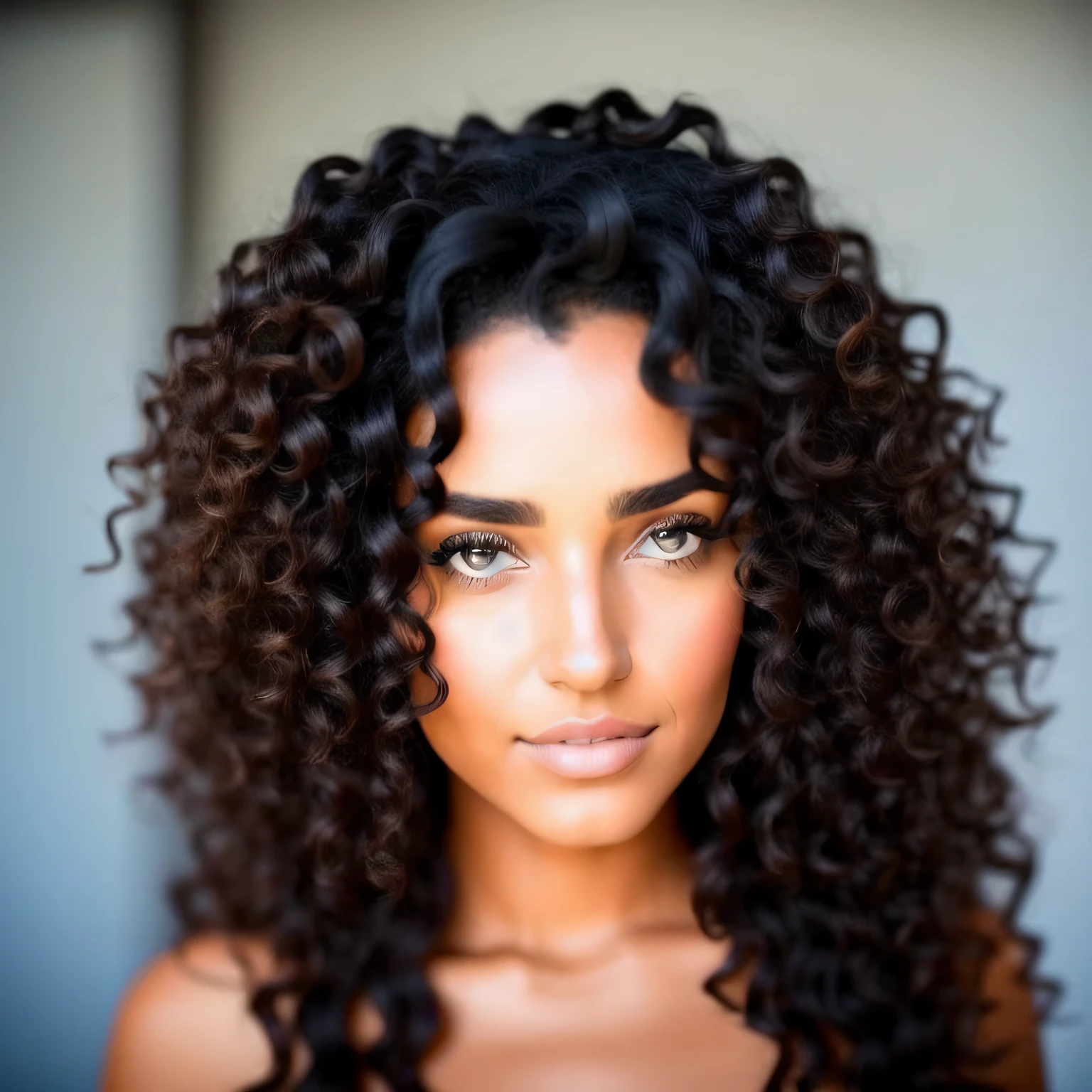 A very beautiful and cute young woman with an olive complexion, Long black curly hair with side ringlets and curly bangs, Thick eyebrows, Long eyelashes, eye-liner, grands yeux en amande et couleur ambre, taches de rousseur sombres abondantes, Long, thin and very slightly curved nose, thin lips, un grain de beauté discret sous son œil gauche et un autre sur sa lèvre supérieure, et un visage rond avec un menton faible. Elle est décontractée et amicale.