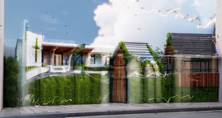 exterior house, contemporary style, white wall, wood wall, wood door, glass window, (realistic:1.2), Masterpiece, high quality, best quality, authentic, super detail, outdoors,road,pavement, grass, trees, sky, cloud, (daylight:1.1)
