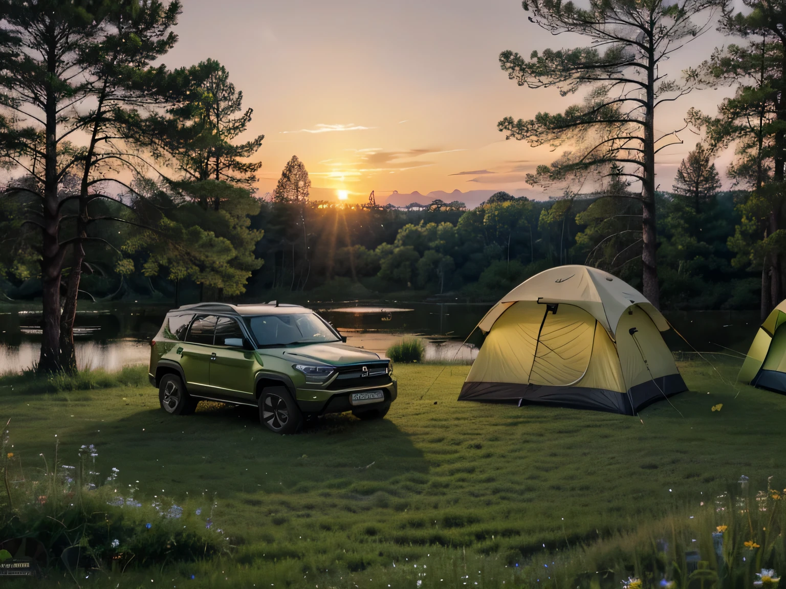 Camping, one suv car parking, camp, lagoon, meadow, clear, forest background, clear sky, natural , nature, little flower count, high resolution, high details, 4k, realistic, masterpiece, sunset, no one