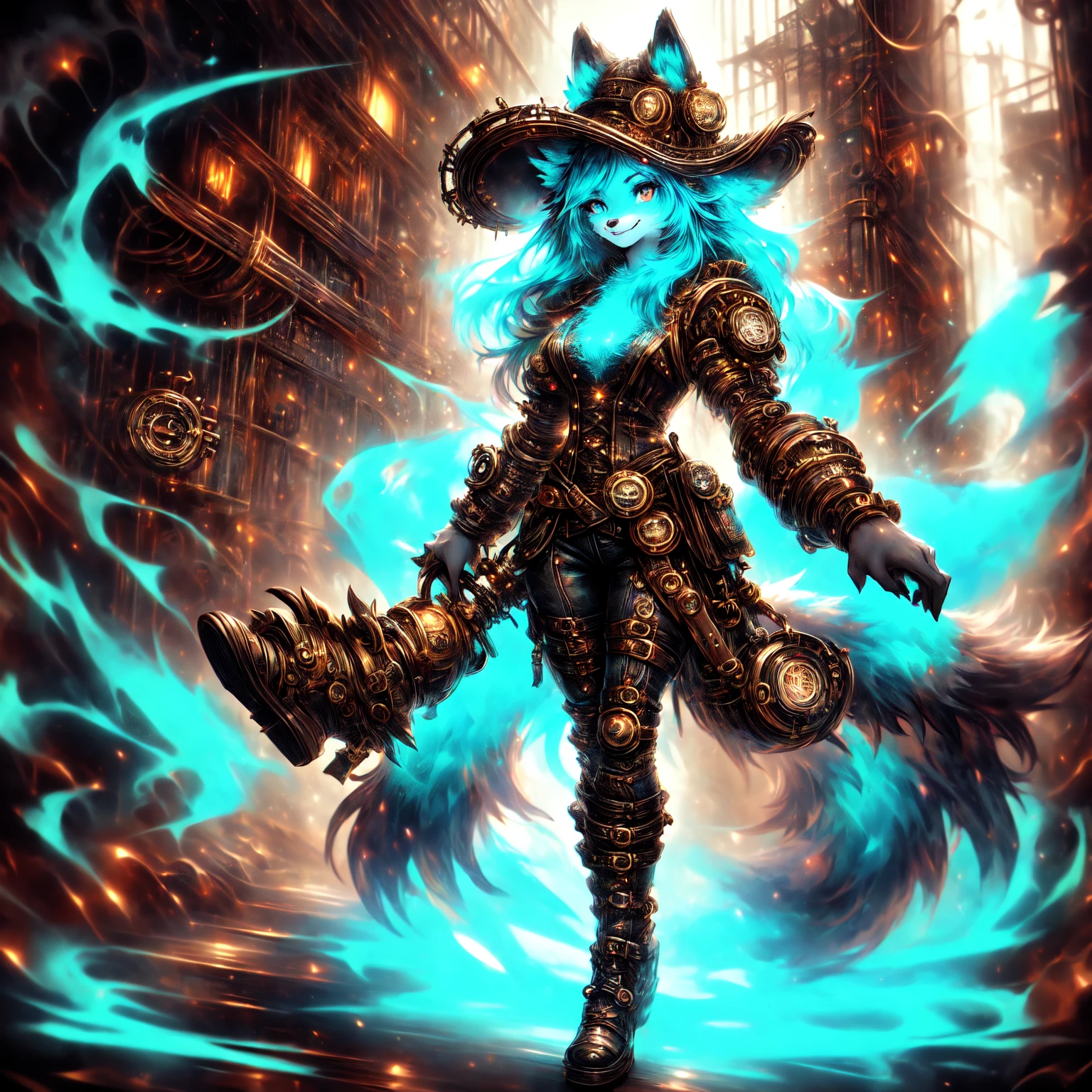 [best quality, shaded, extreme detail, highly detailed, ultradetailed, intricate, realistic], woman, hairy woman, wolf woman, full body portrait, full fur, magic fur, full tail, big tail, magic tail, long hair ( colorful and turquoise hair), hat on the head (steampunk style witch hat), almond-shaped eyes (bright turquoise color), expressive smile, charming face, witch outfit (dark color with magic runes, the outfit is steampunk style), black tights, shoes (high steampunk boots), the scene is in a narrow alley with a sinister and dark atmosphere.