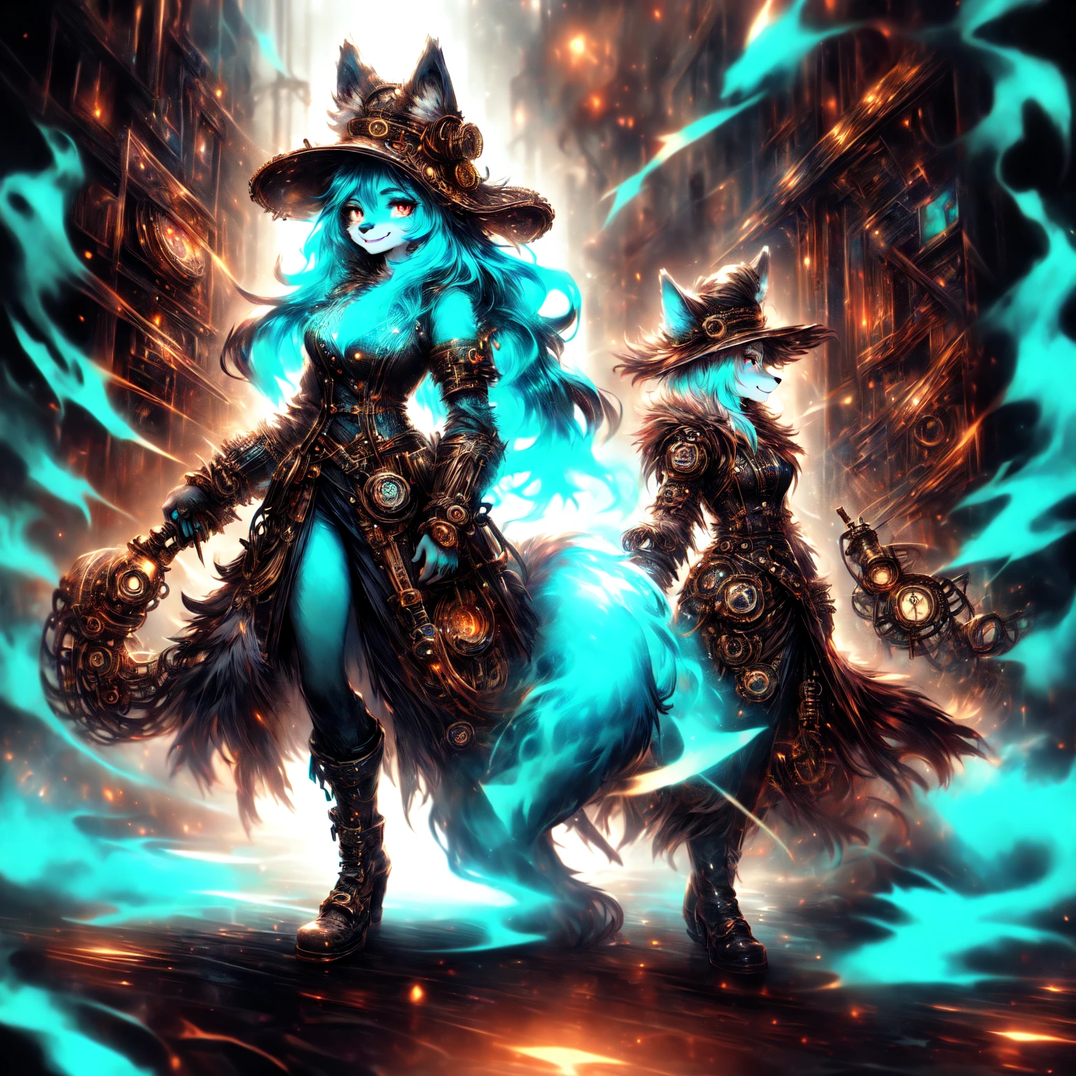 [best quality, shaded, extreme detail, highly detailed, ultradetailed, intricate, realistic], woman, hairy woman, wolf woman, full body portrait, full fur, magic fur, full tail, big tail, magic tail, long hair ( colorful and turquoise hair), hat on the head (steampunk style witch hat), almond-shaped eyes (bright turquoise color), expressive smile, charming face, witch outfit (dark color with magic runes, the outfit is steampunk style), black tights, shoes (high steampunk boots), the scene is in a narrow alley with a sinister and dark atmosphere.