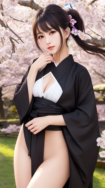 最high quality、high quality、best image quality、8K、最High resolution、High resolution、最high quality、masterpiece、realistic pictures、RAW photo、realistic atmosphere、(detailed face)、(fine hands、thumb1reference4)、(beauty of japan )、very nice face、cute face、((beautiful japanese girl))、(woman), ((18 year old beautiful girl))、(glossy black hair)、(straight long hair)、(ponytail)、whole body、slim style、(shiny skin)、(Fair skin, Glossy skin)、real human skin、realistic human body structure、perfect body, perfect face, perfect hands, perfect fingers, perfect lips, perfect eyes,perfect teeth、perfect background, perfect atmosphere,look at the camera、 soft natural light、samurai kimono、maiko kimono、servant、geisha kimono、japanese kimono、Furisode、kimono、Yukata、japanese traditional、Samurai Residence、Japanese garden、((colorful transparent see-through(flowery kimono、Hakama with side slits))、((Under the tree where plum blossoms are in full bloom(Poses that make your thighs look sexy))