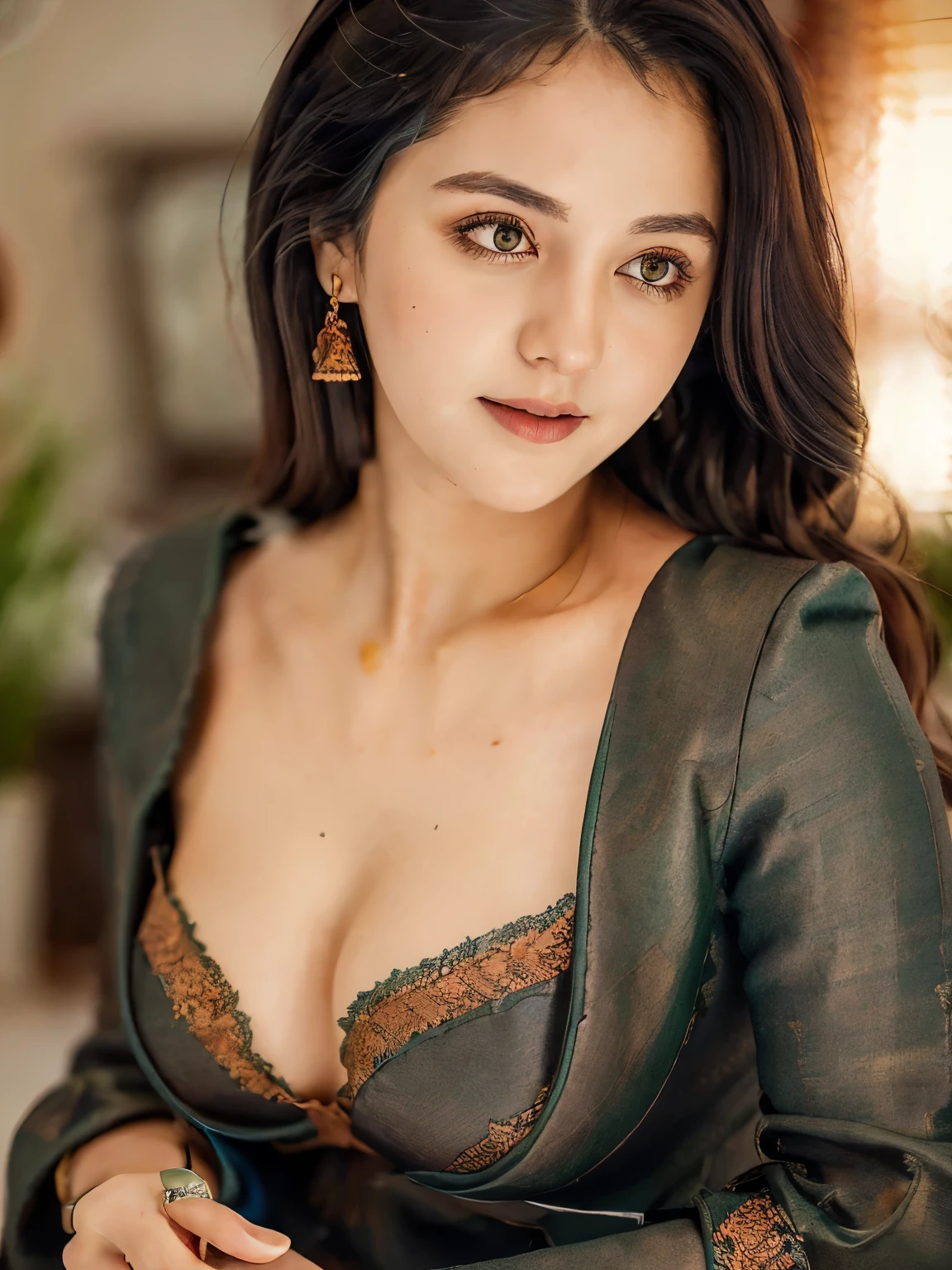 masterpiece, Best Quality, Illustration, Ultra-detailed, finely detail, hight resolution, 8K Wallpaper, Perfect dynamic composition, Beautiful detailed eyes, Natural Lip, Dark orange knitted dress , Big breasts, cleavage, Cross legs